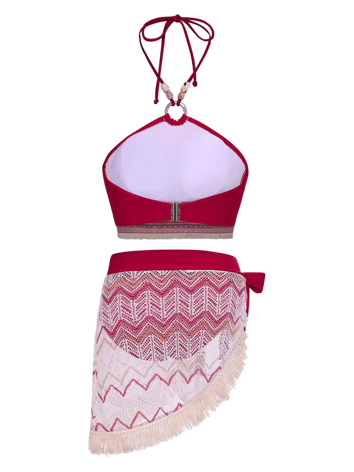 Red 1970s Princess Style Beading Halter Bikini Set - Image 6