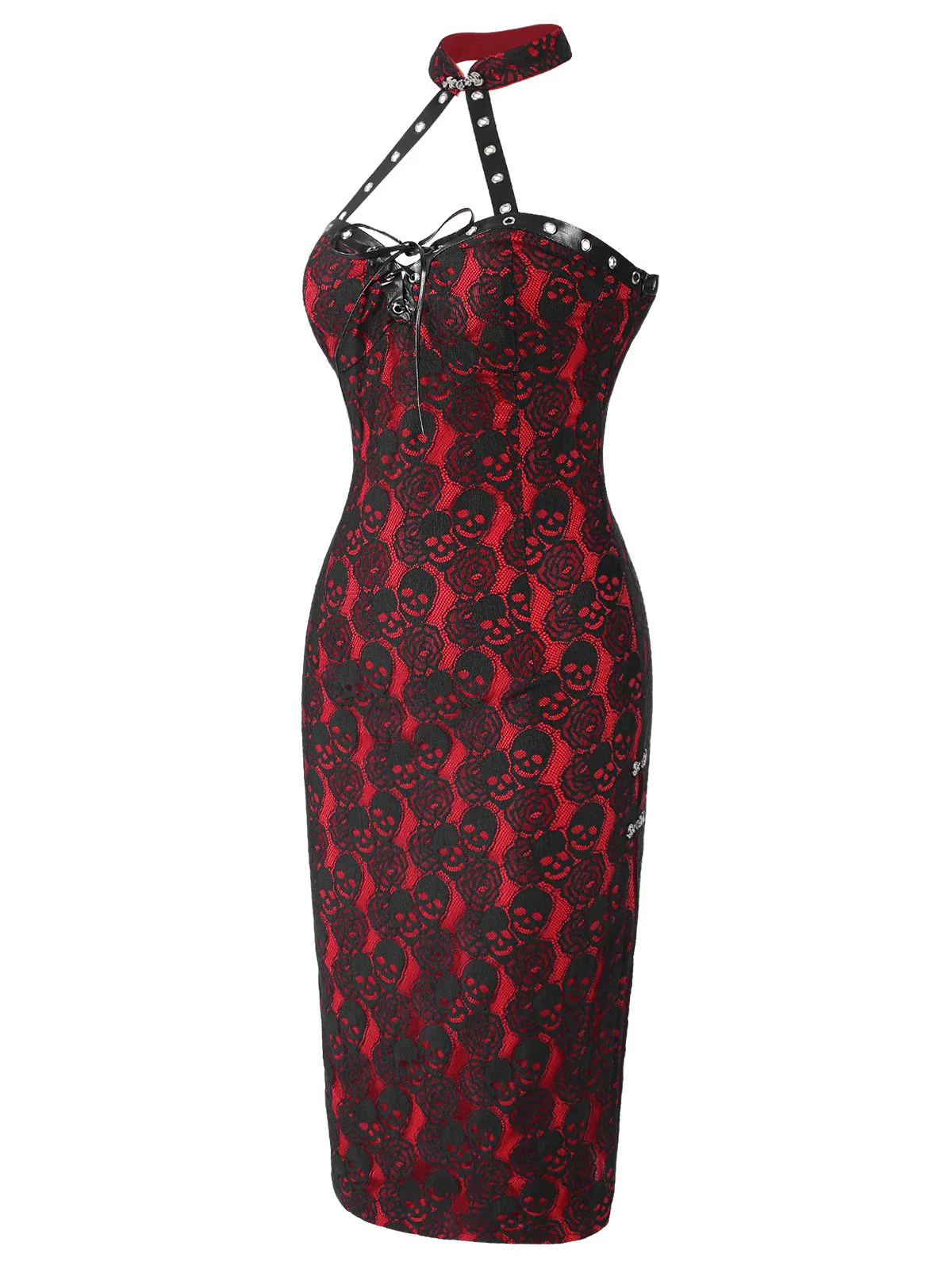 Red 1970s Skull Gothic Halter Pencil Dress - Image 3