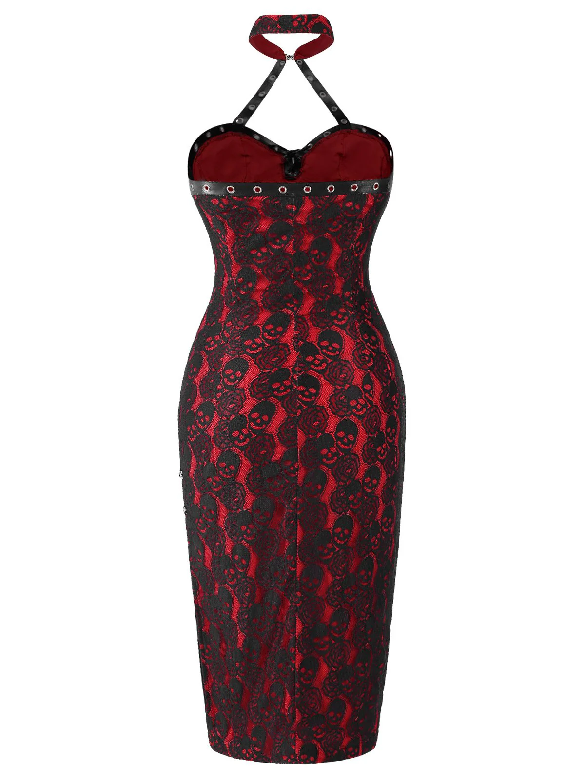 Red 1970s Skull Gothic Halter Pencil Dress - Image 4