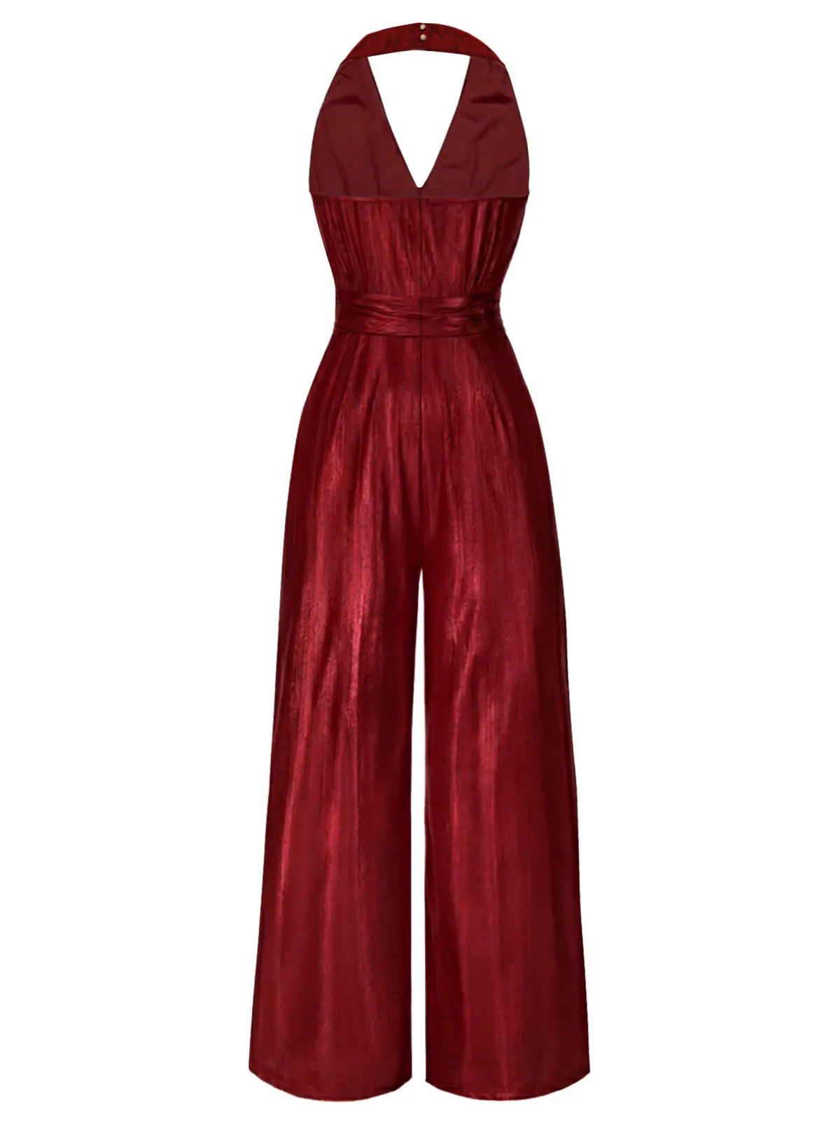 Red 1970s Solid V-Neck Halter Jumpsuit - Image 2