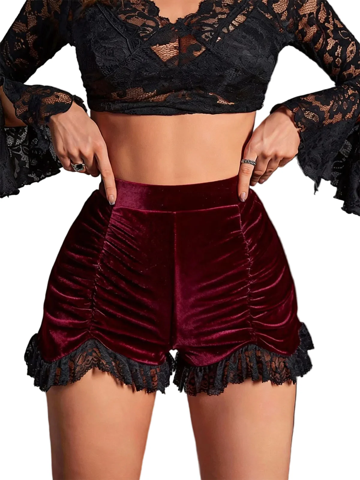 Black 1970s Solid Velvet Lace Pleated Shorts - Image 3