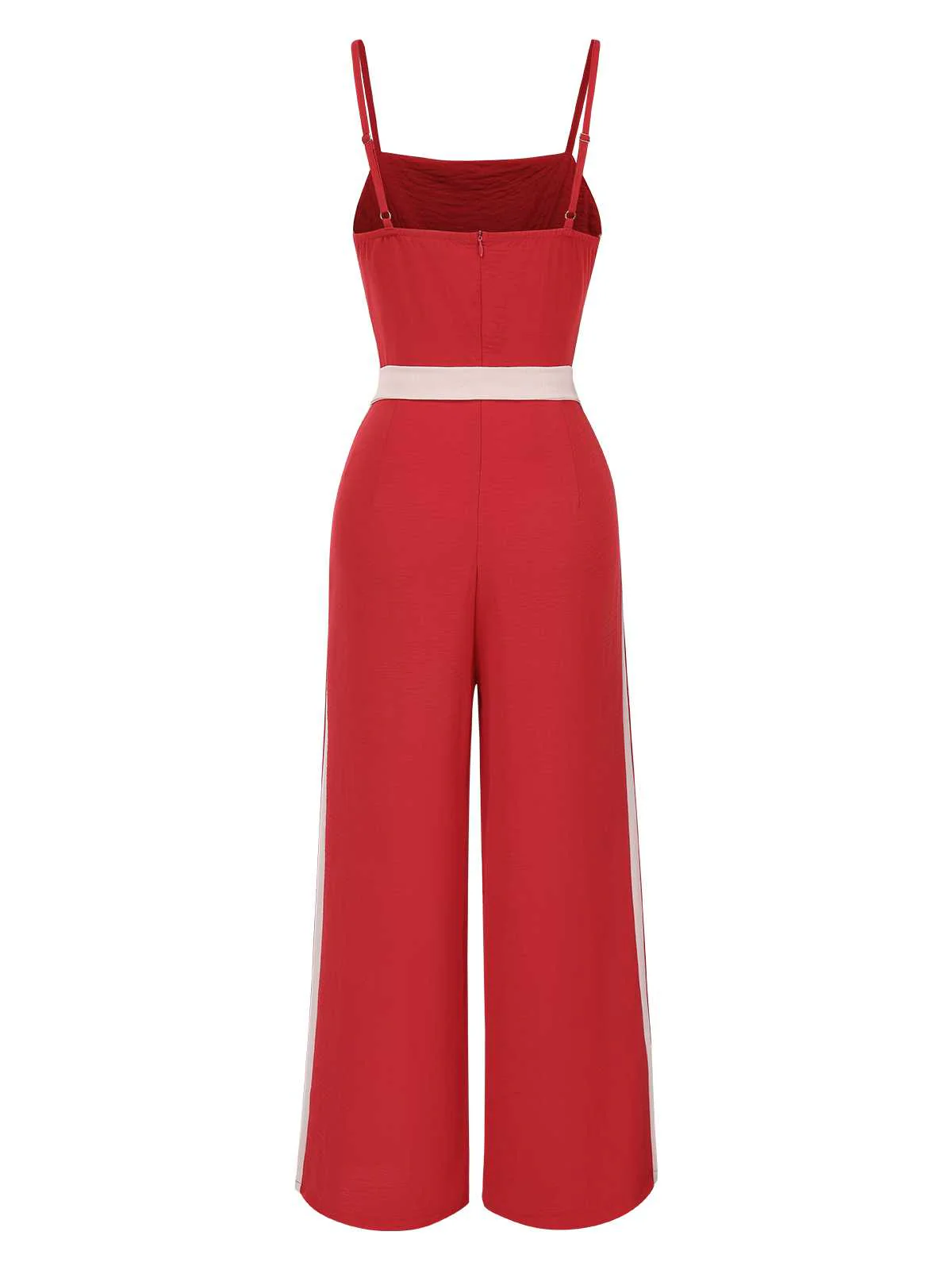 Red 1970s Spaghetti Strap Belted Stripe Jumpsuit - Image 2