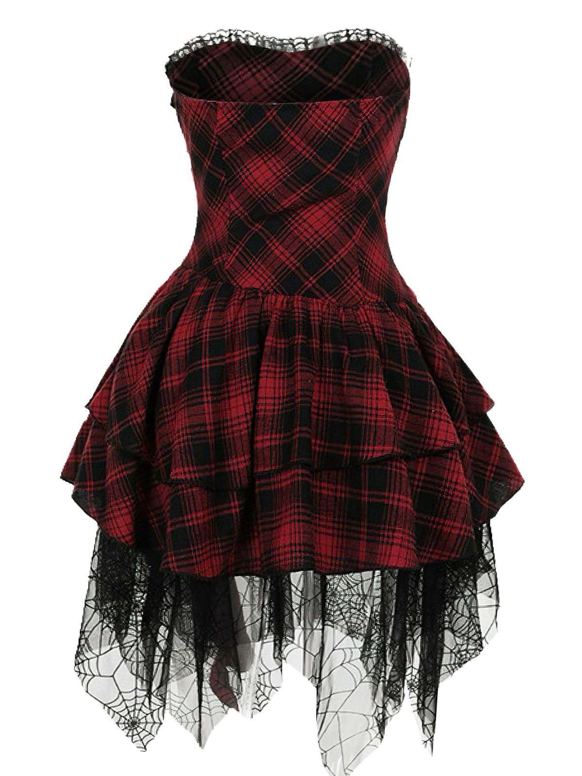 Red 1970s Spiderweb Mesh Tartan Strapless Dress - Image 2