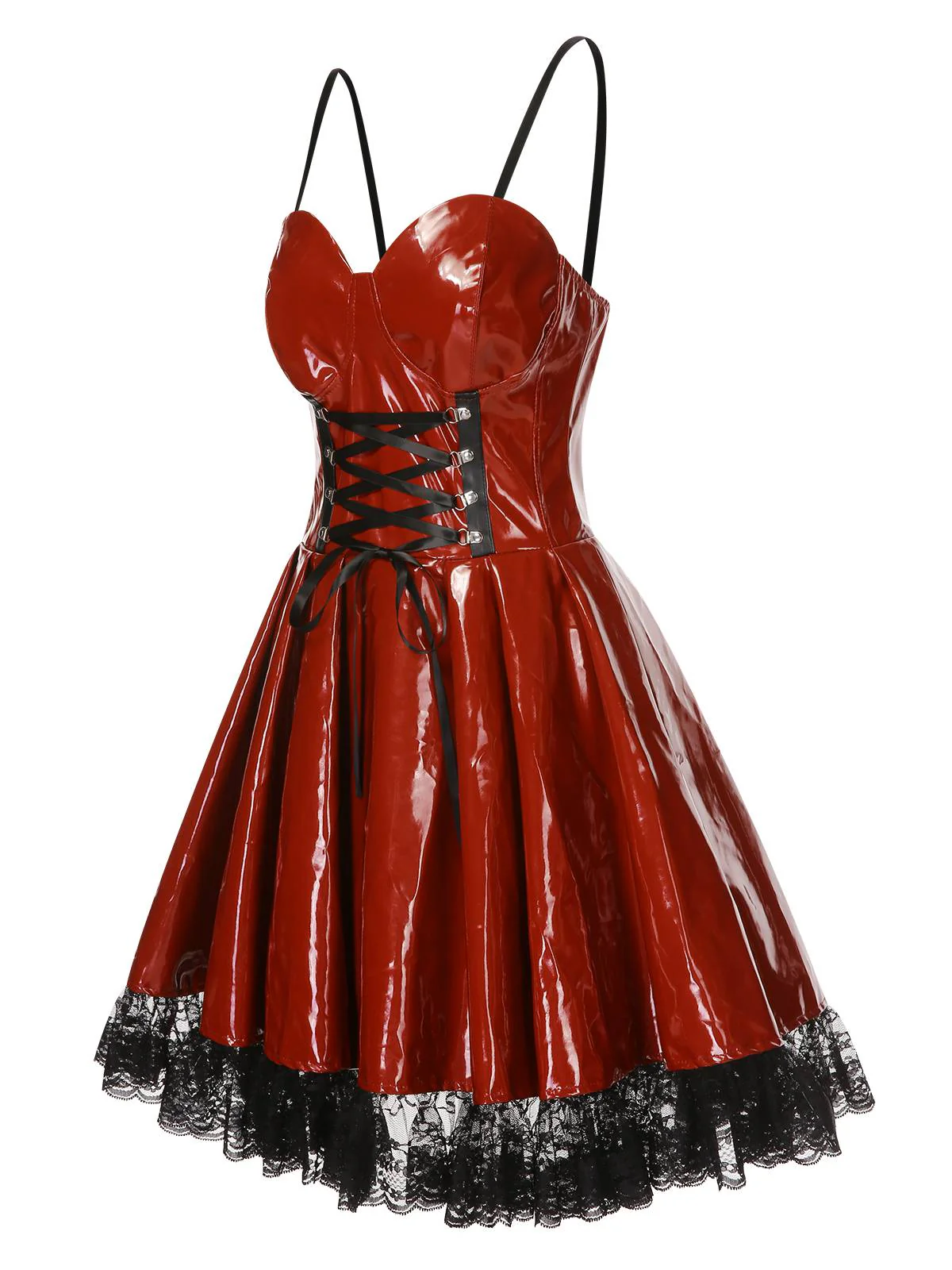 Red 1970s Steampunk Glossy Lace-Up Suspender Dress - Image 3