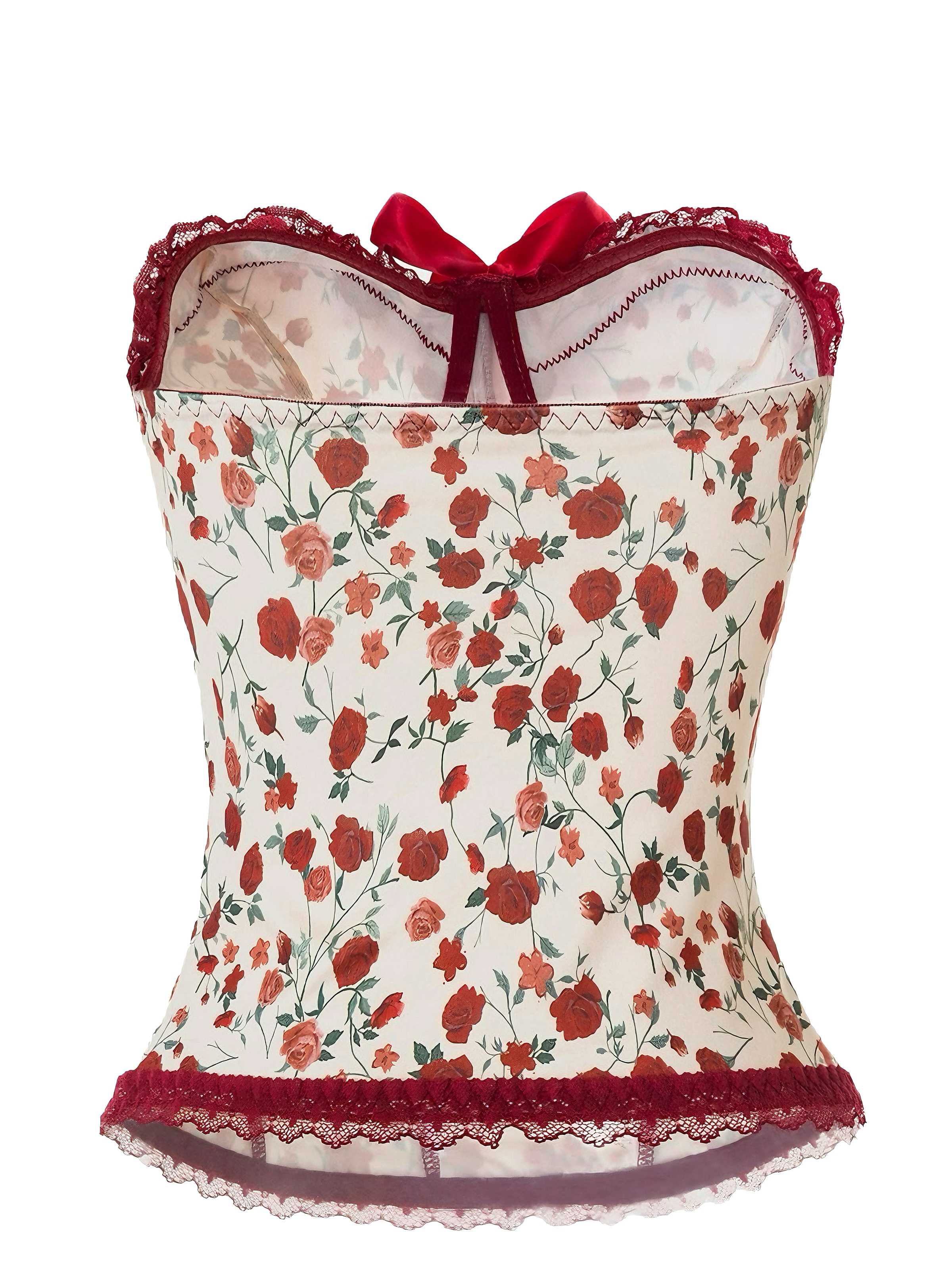 Red 1970s Strapless Court Lace Roses Corset - Image 2