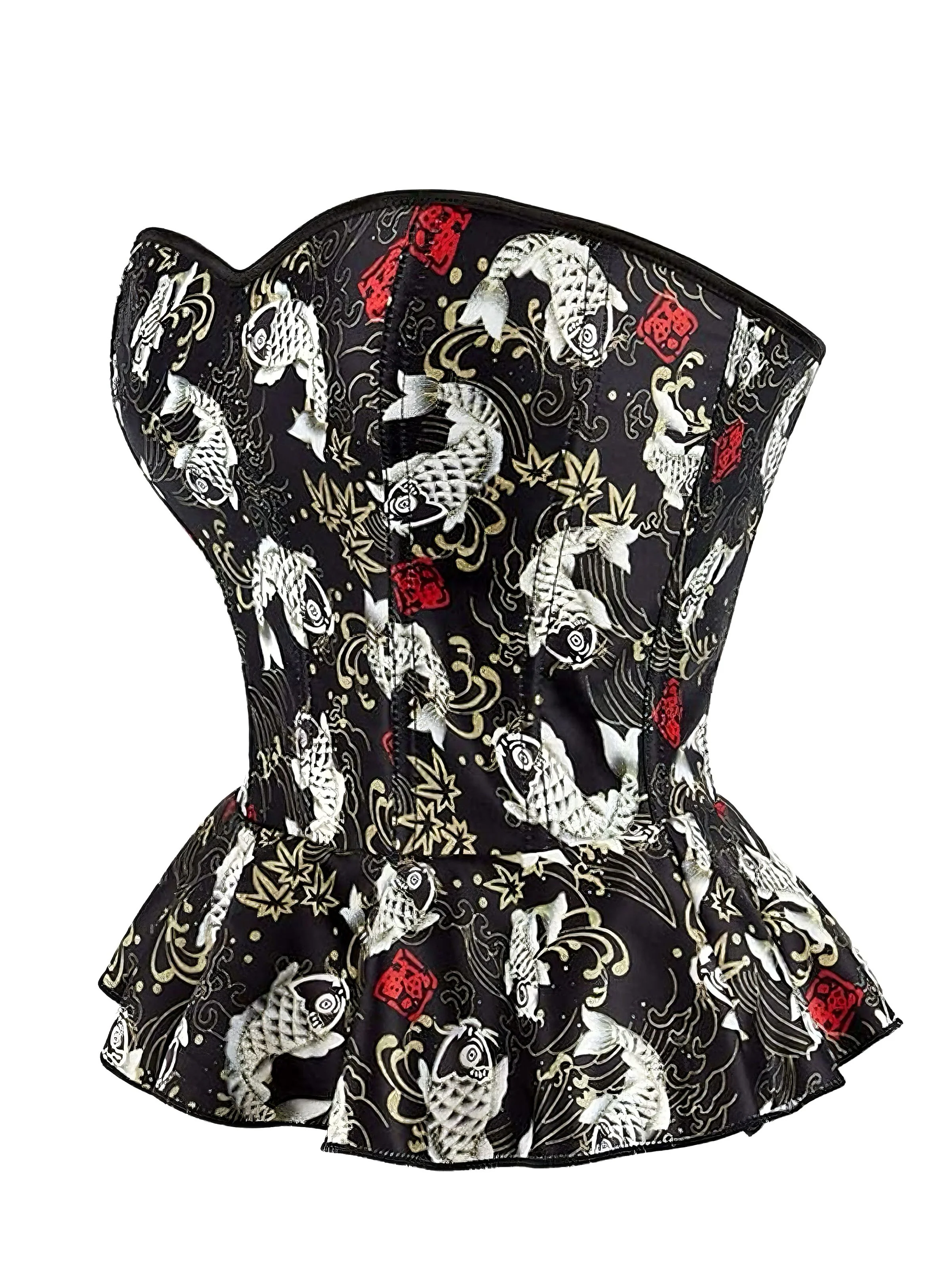 Black 1970s Strapless Koi Fish Print Ruffle Corset - Image 2
