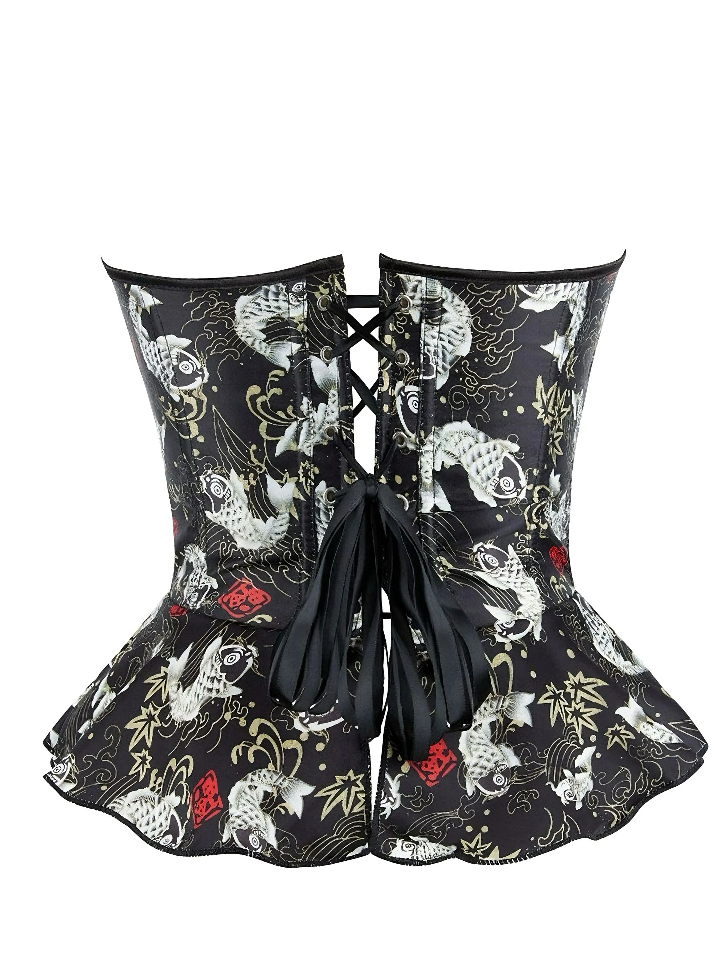 Black 1970s Strapless Koi Fish Print Ruffle Corset - Image 3