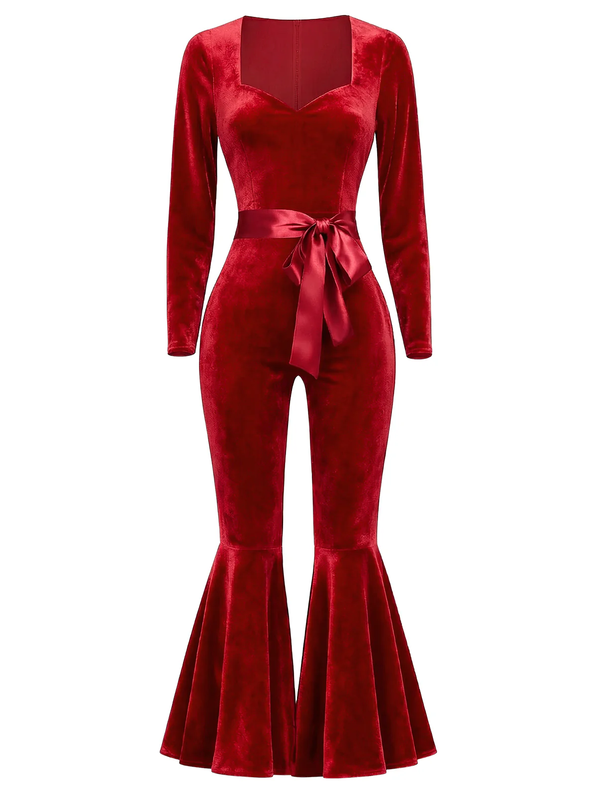 Red 1970s Sweetheart Flare Leg Velvet Jumpsuit