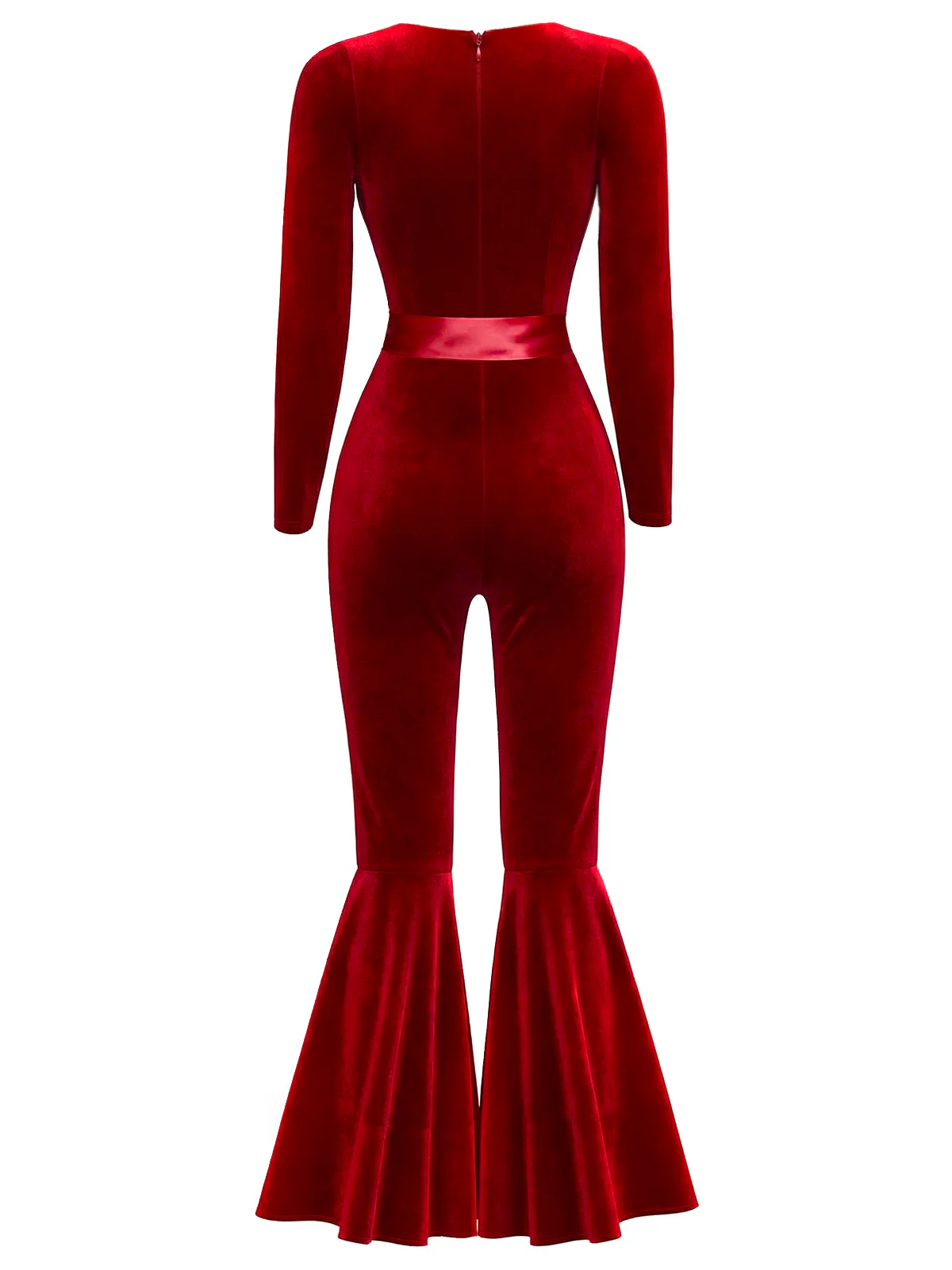 Red 1970s Sweetheart Flare Leg Velvet Jumpsuit - Image 2
