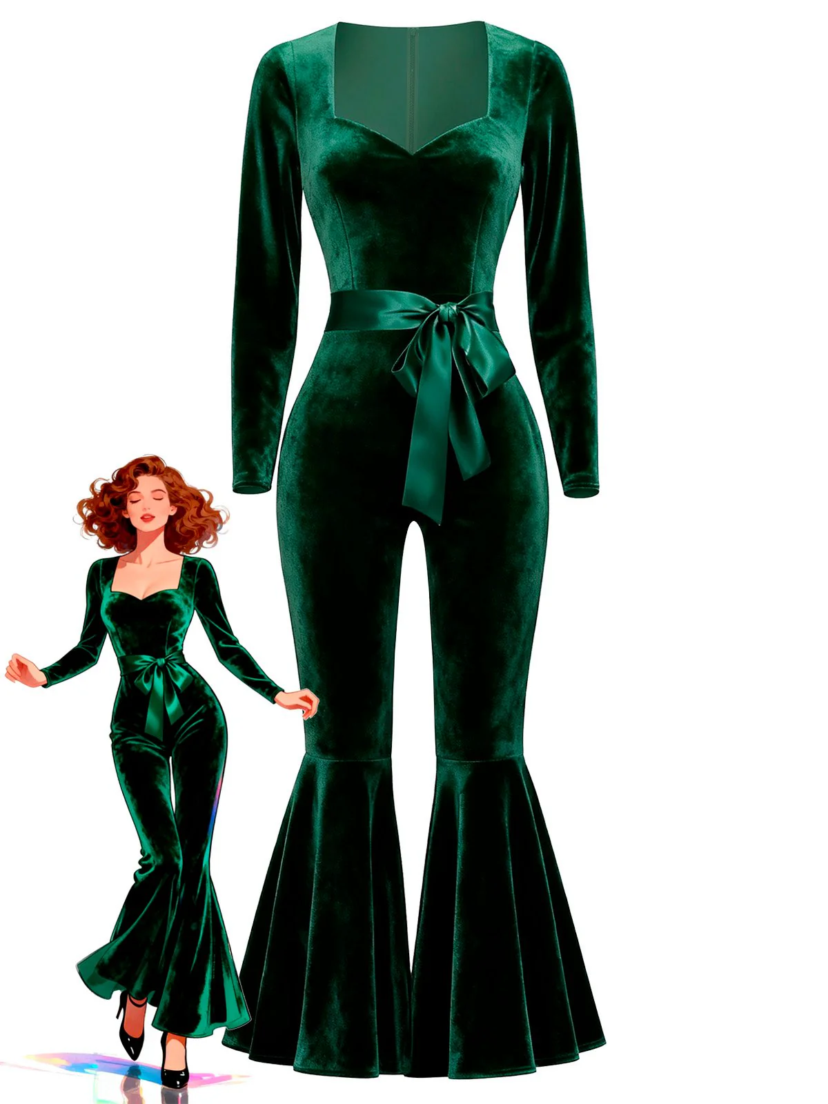 Green 1970s Sweetheart Flare Leg Velvet Jumpsuit - Image 2