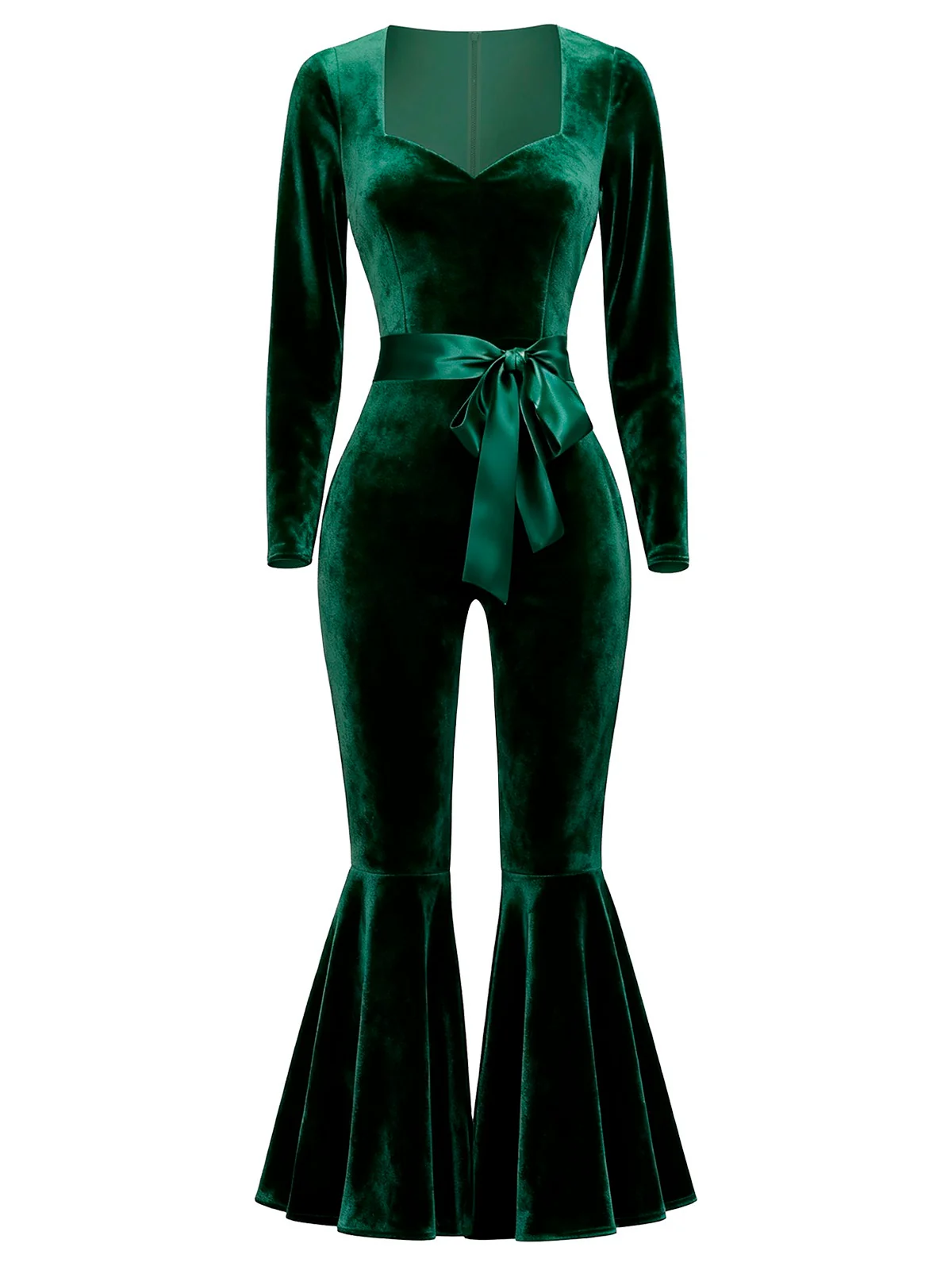 Green 1970s Sweetheart Flare Leg Velvet Jumpsuit - Image 3