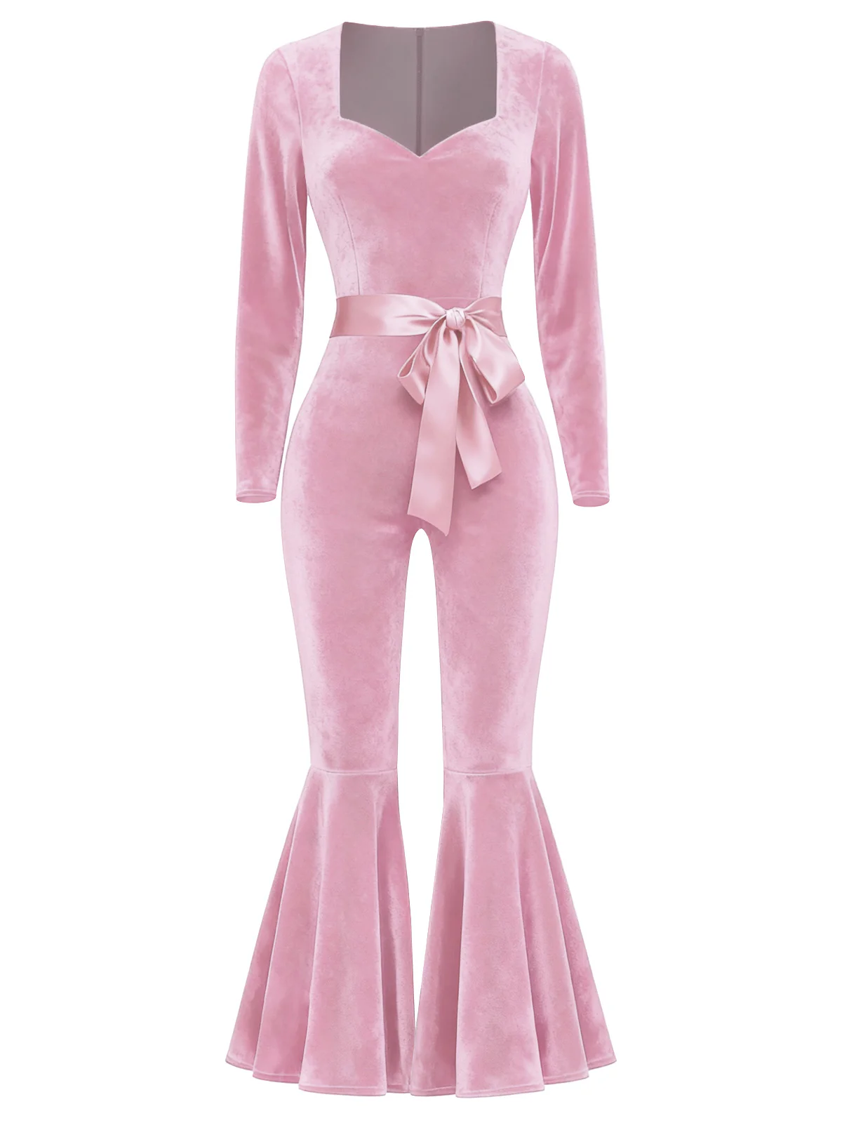 Red 1970s Sweetheart Flare Leg Velvet Jumpsuit - Image 6