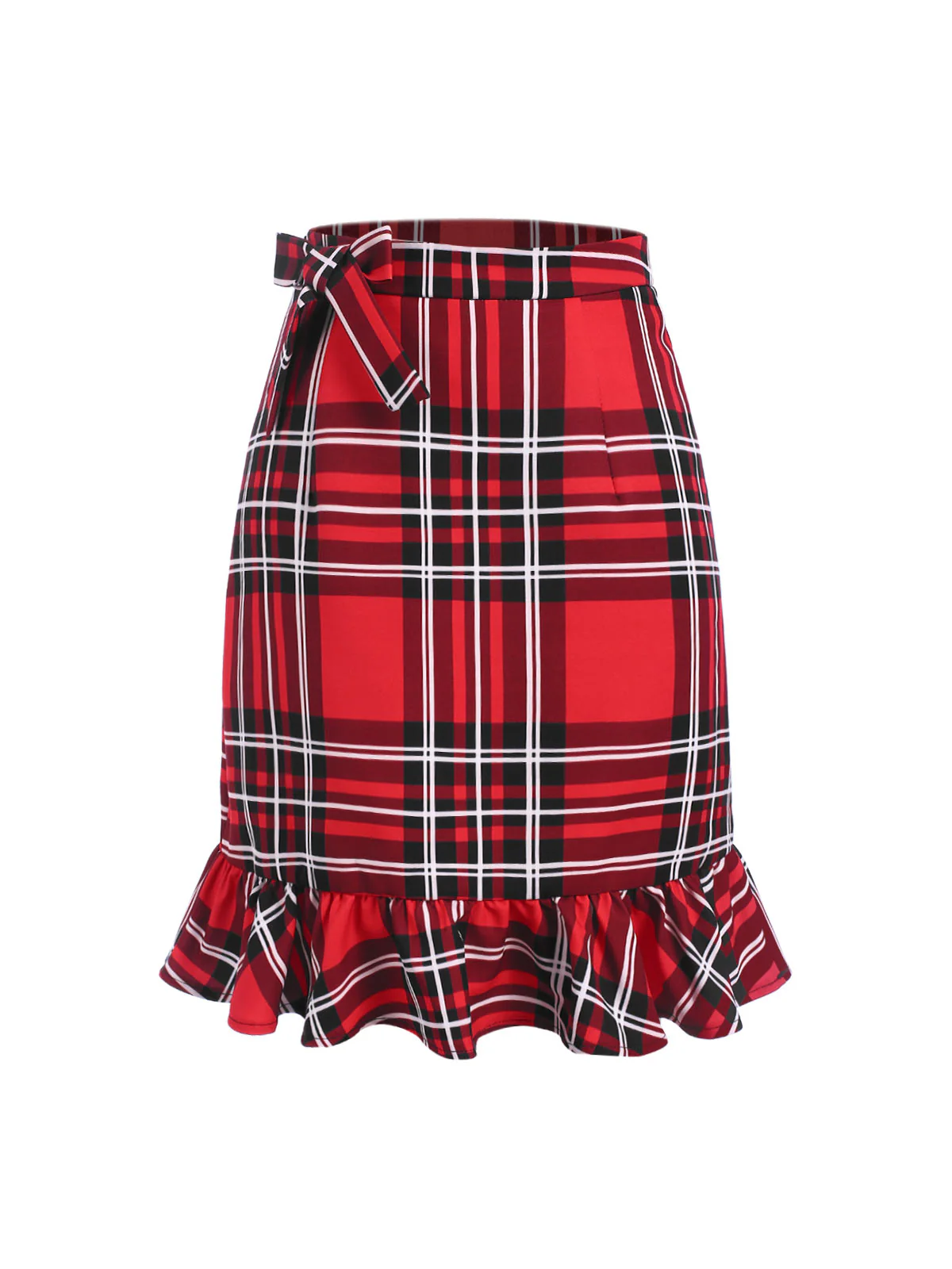 Red 1970s Tartan Plaids Bow Ruffles Skirt - Image 2