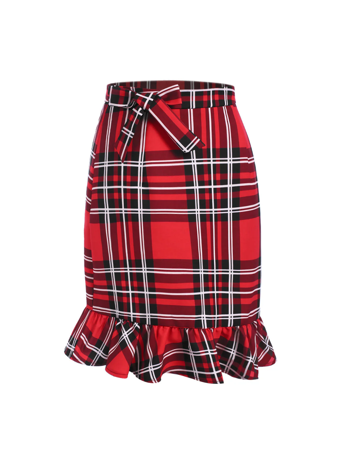 Red 1970s Tartan Plaids Bow Ruffles Skirt - Image 3