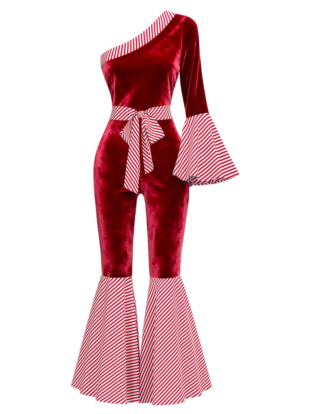 Red 1970s Velvet Candy Cane Stripe Bell Sleeve Jumpsuit - Image 2