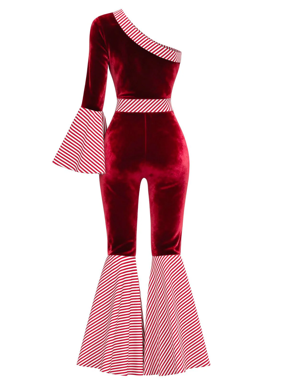 Red 1970s Velvet Candy Cane Stripe Bell Sleeve Jumpsuit - Image 3