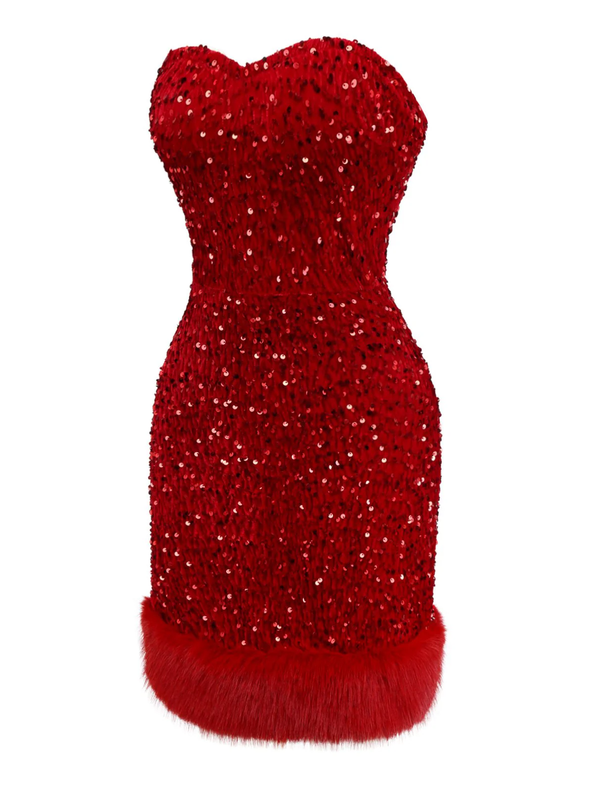 Red 1970s Velvet Sequin Faux Fur Trim Strapless Dress - Image 3