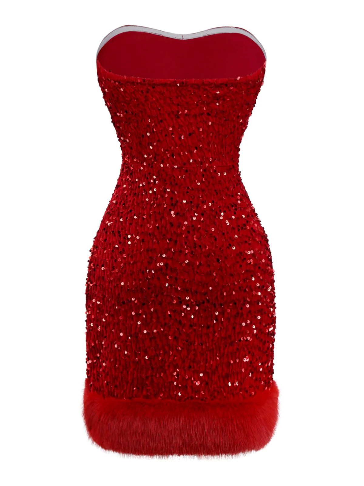 Red 1970s Velvet Sequin Faux Fur Trim Strapless Dress - Image 4