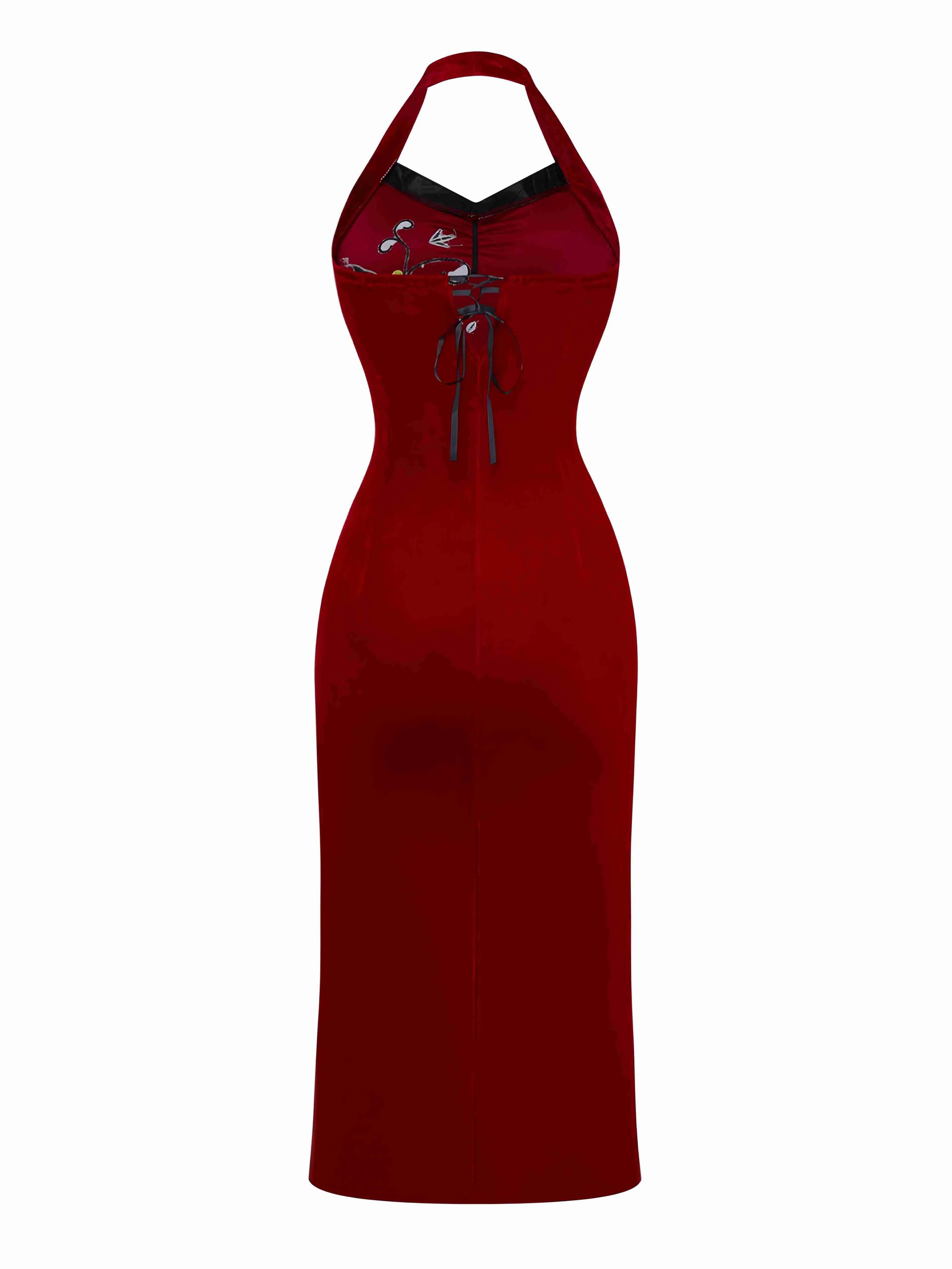 Red 1980s Ada-Wong Embroidered Butterfly Velvet Dress - Image 2