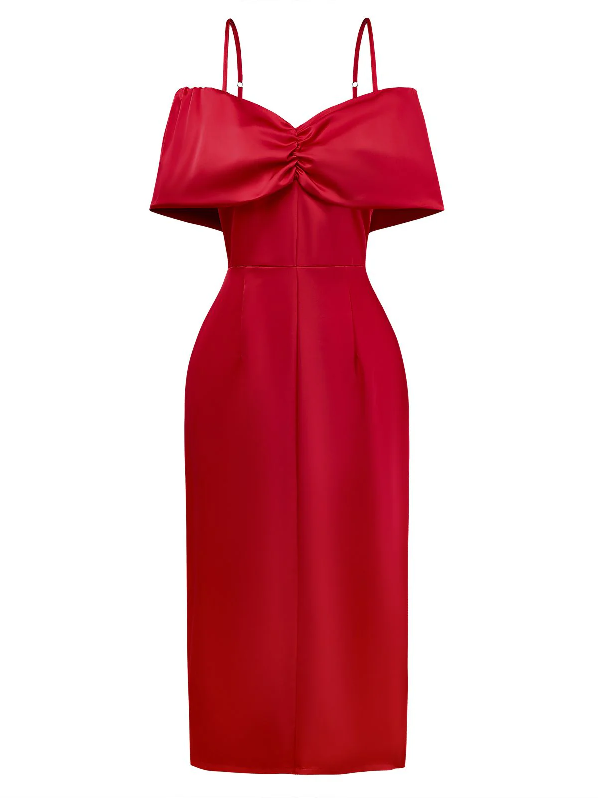 Red 1980s Bow Off-Shoulder Satin Side Slit Midi Dress - Image 2