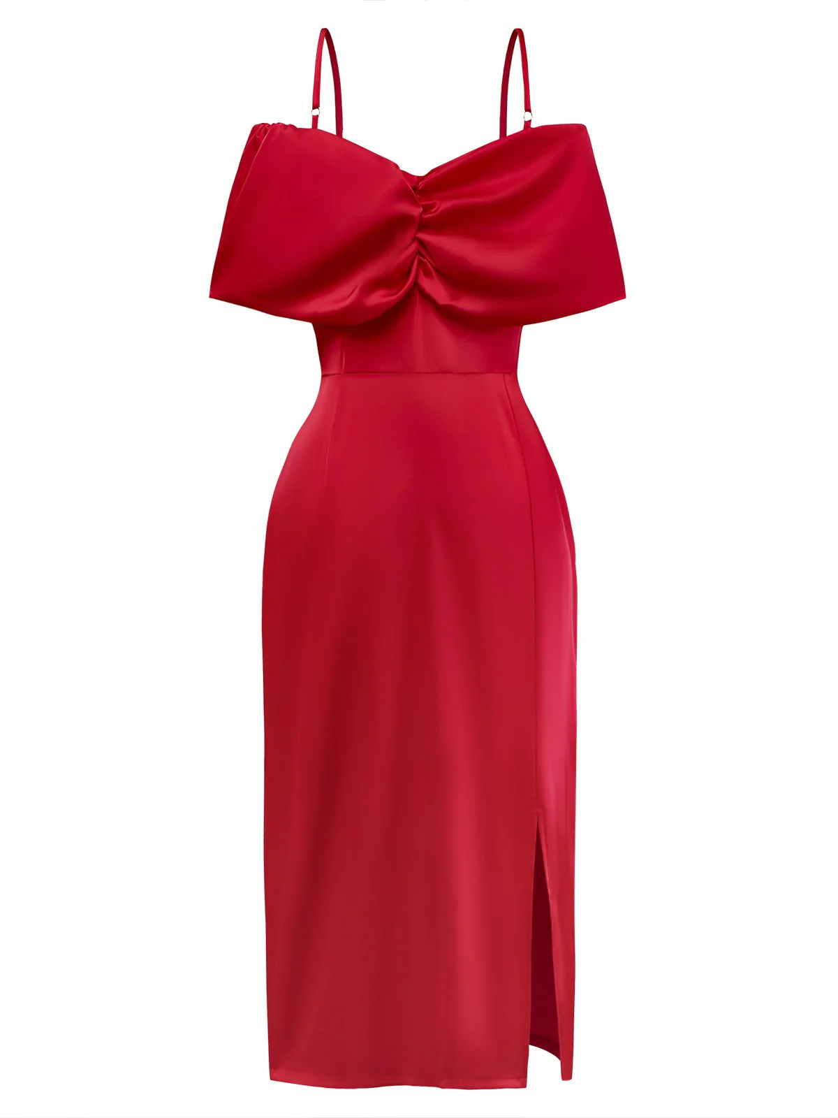 Red 1980s Bow Off-Shoulder Satin Side Slit Midi Dress - Image 3