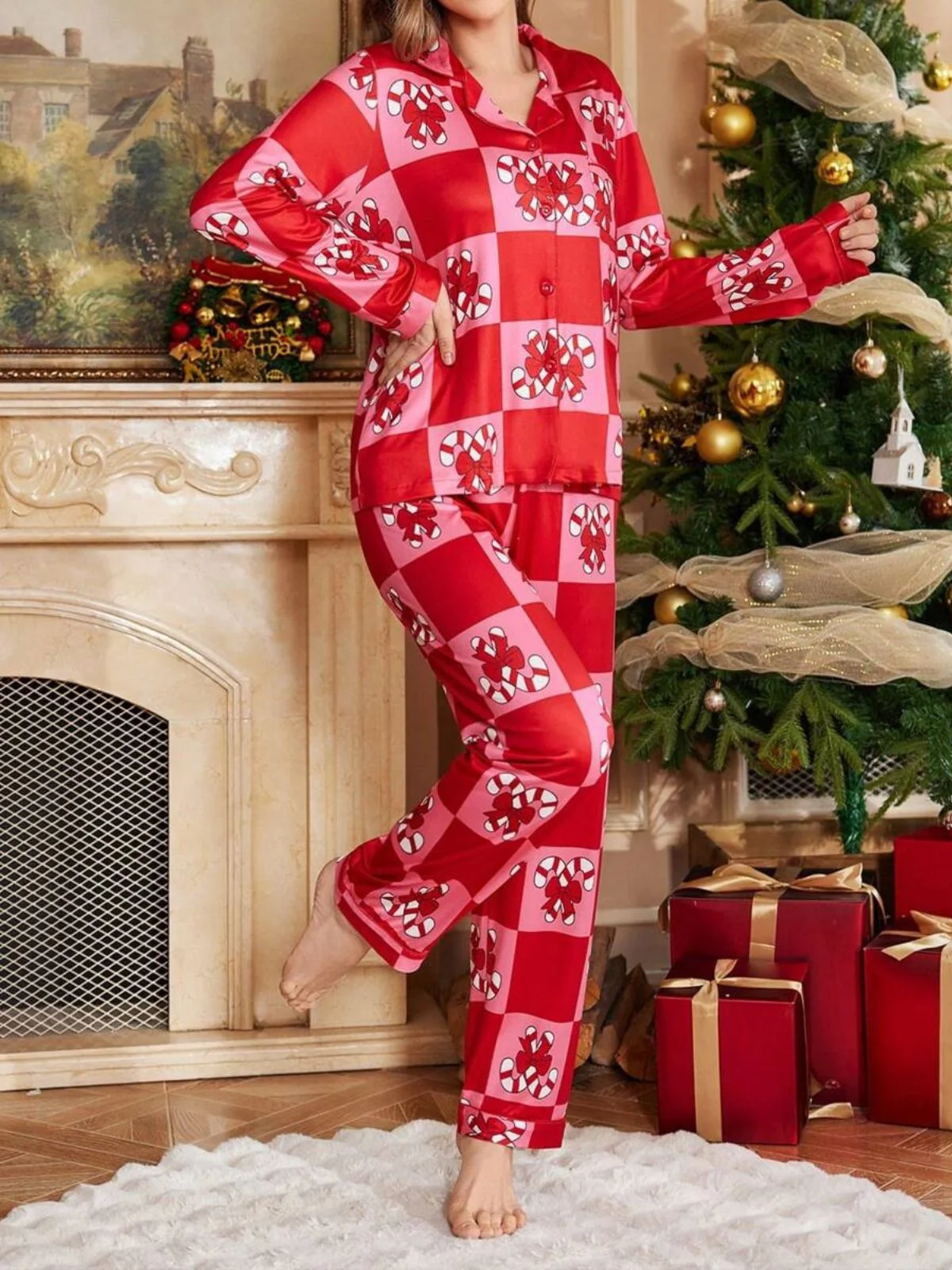 Red 1980s Christmas Checkerboard Candy Cane Pajama Set - Image 2