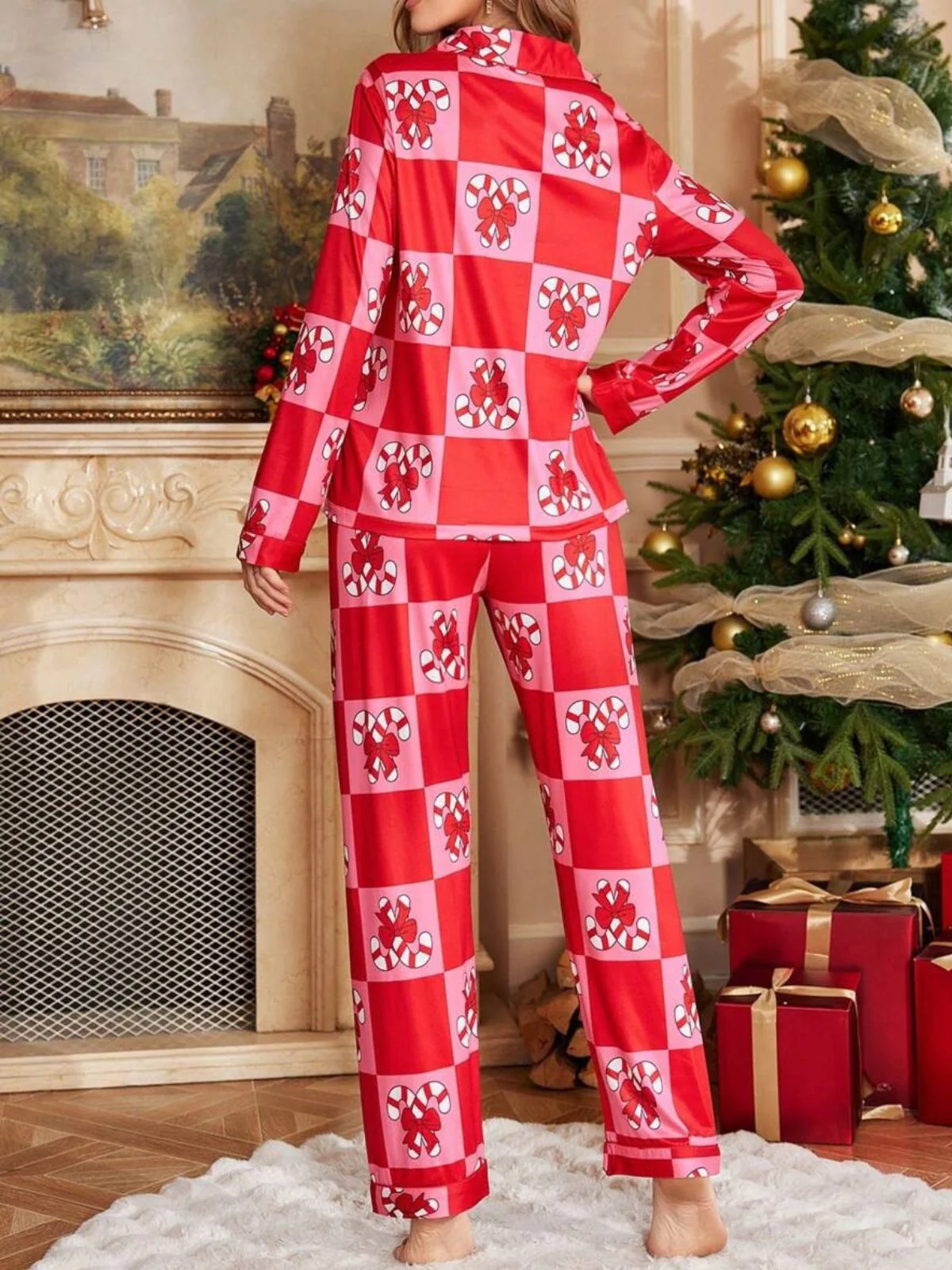 Red 1980s Christmas Checkerboard Candy Cane Pajama Set - Image 3