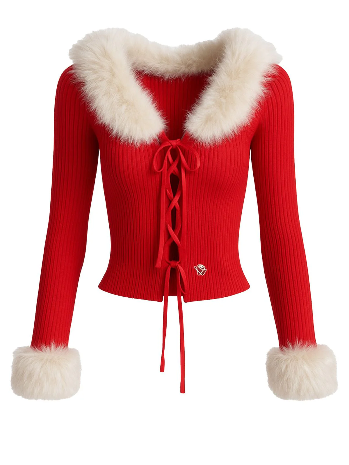 Red 1980s Detachable Fur Collar Tie Knit Cardigan - Image 2