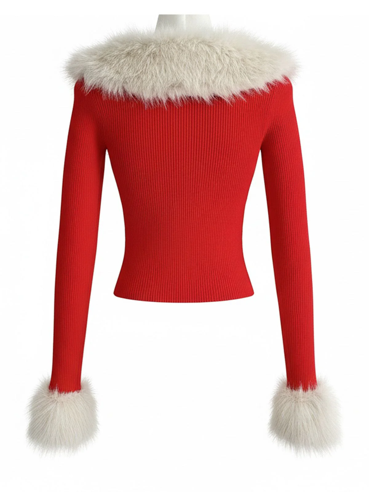 Red 1980s Detachable Fur Collar Tie Knit Cardigan - Image 3