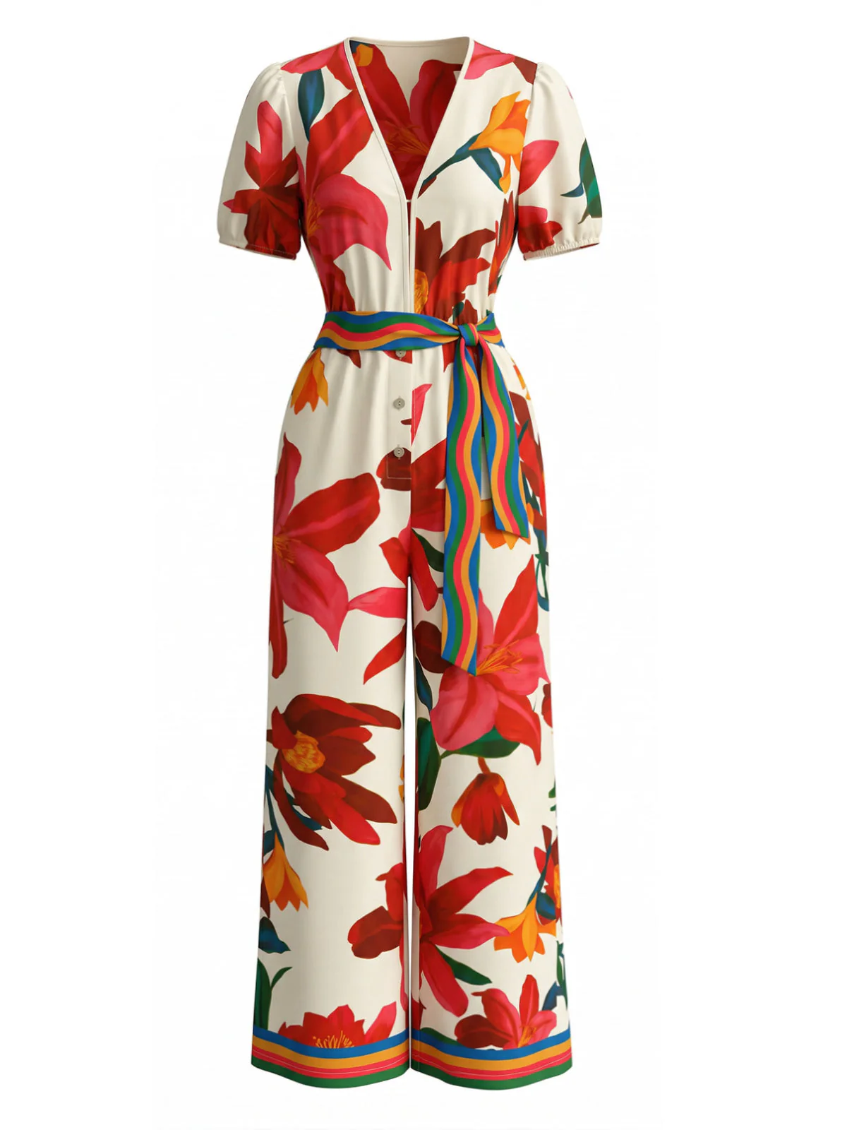 Red 1980s Floral Short Sleeve Wide-Leg Belted Jumpsuit - Image 2