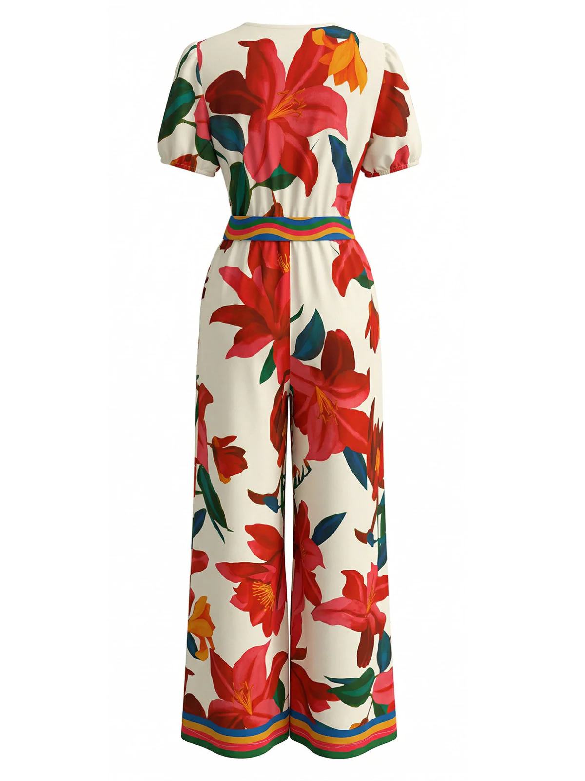 Red 1980s Floral Short Sleeve Wide-Leg Belted Jumpsuit - Image 3