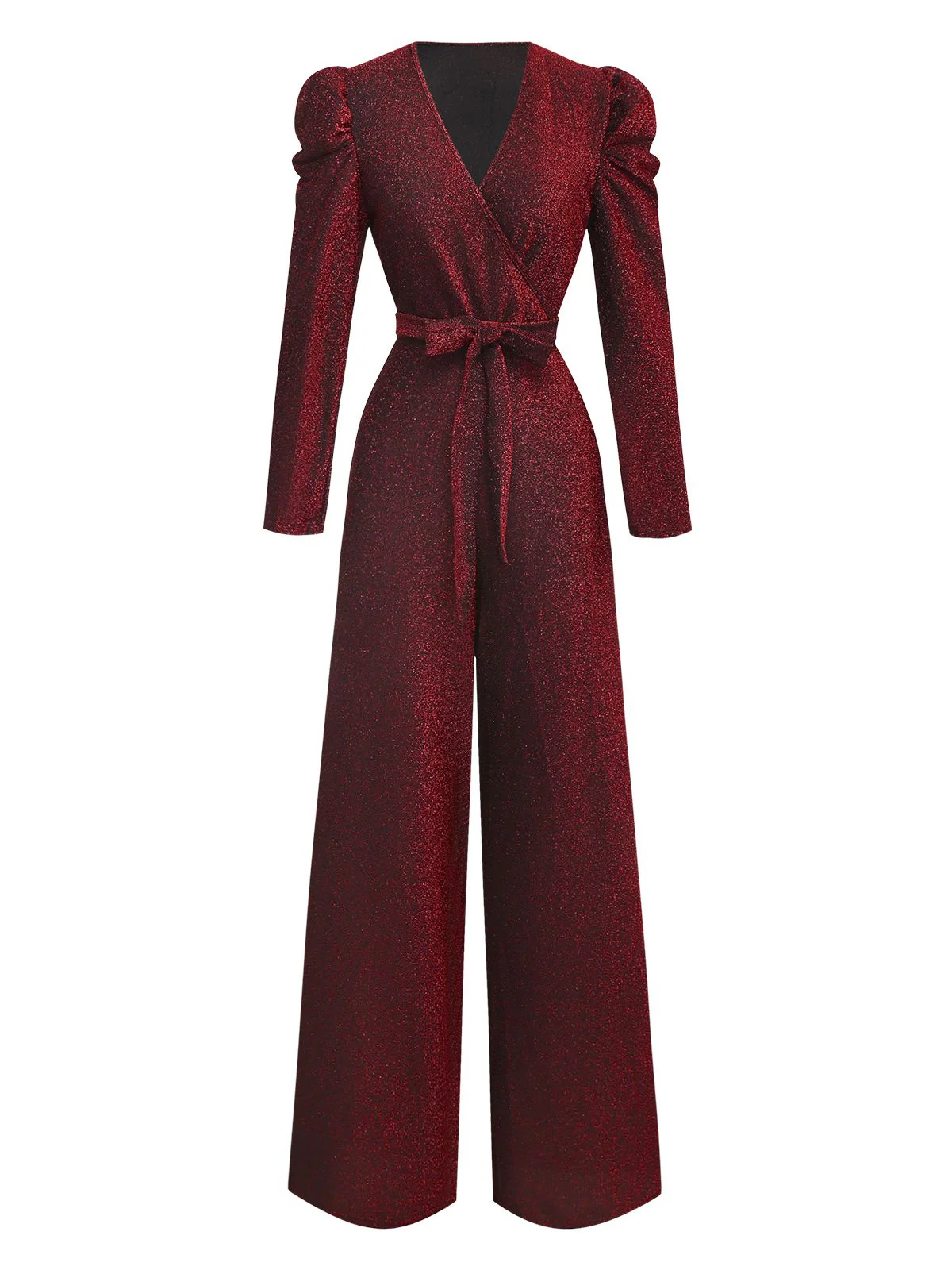 Red 1980s Glitter Deep-V Long Sleeve Jumpsuit - Image 2
