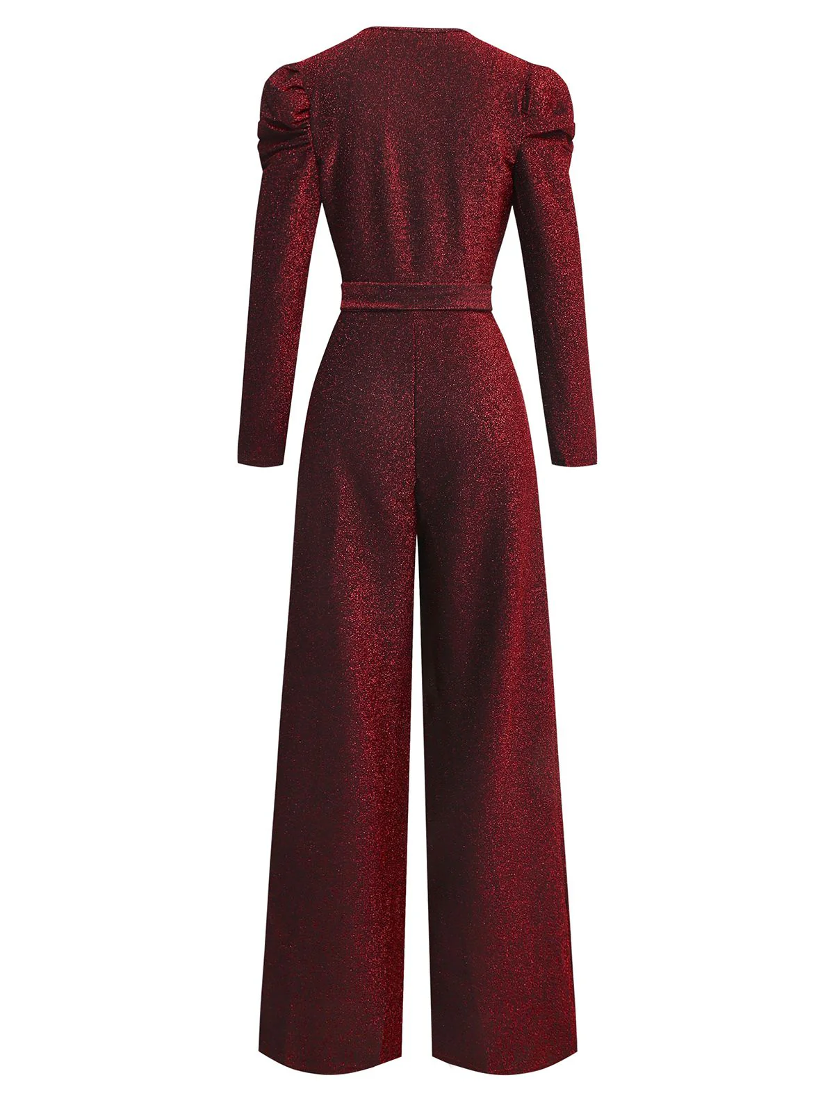 Red 1980s Glitter Deep-V Long Sleeve Jumpsuit - Image 3