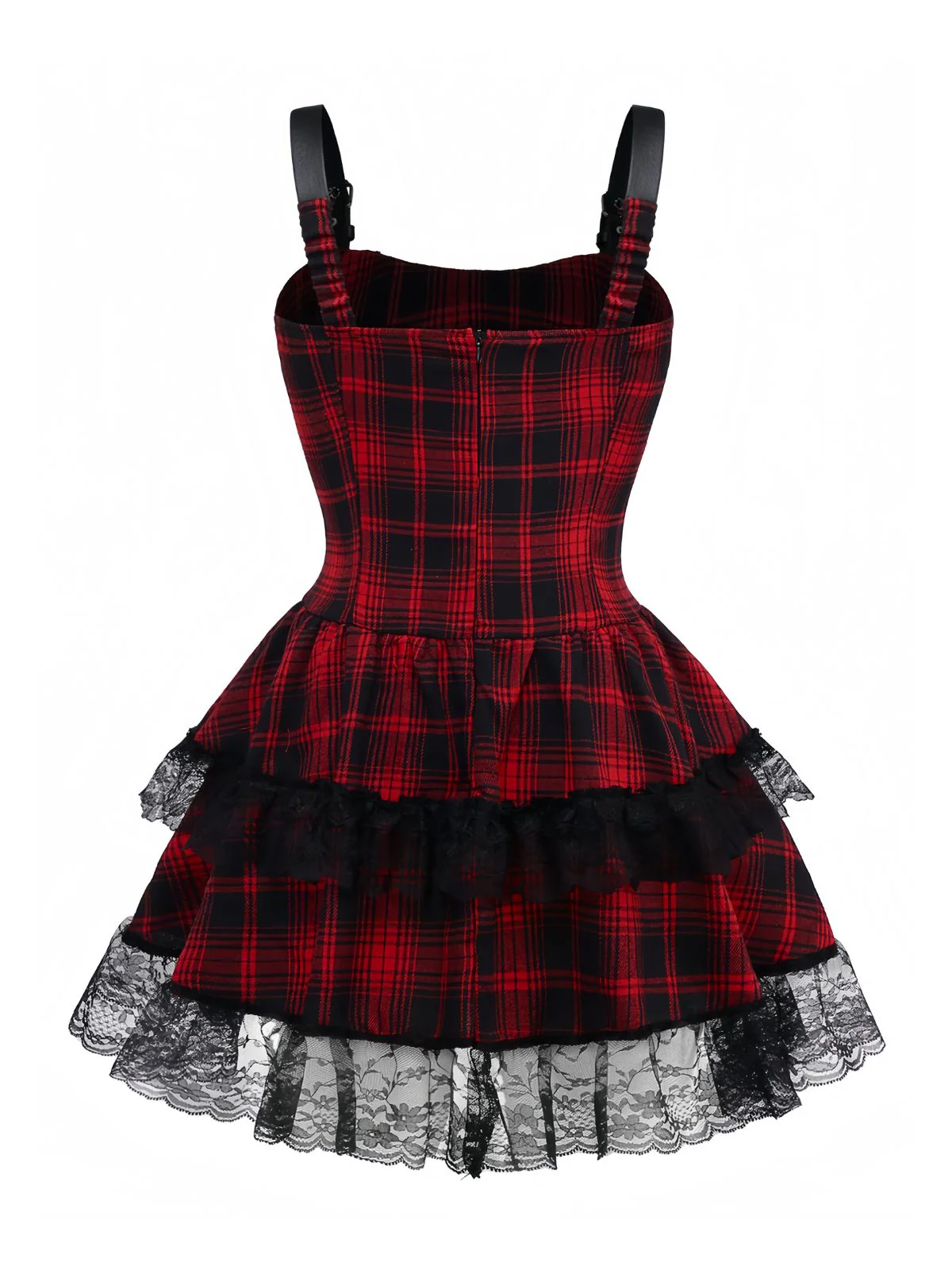 Red 1980s Gothic Lace Patchwork Plaid Dress - Image 2
