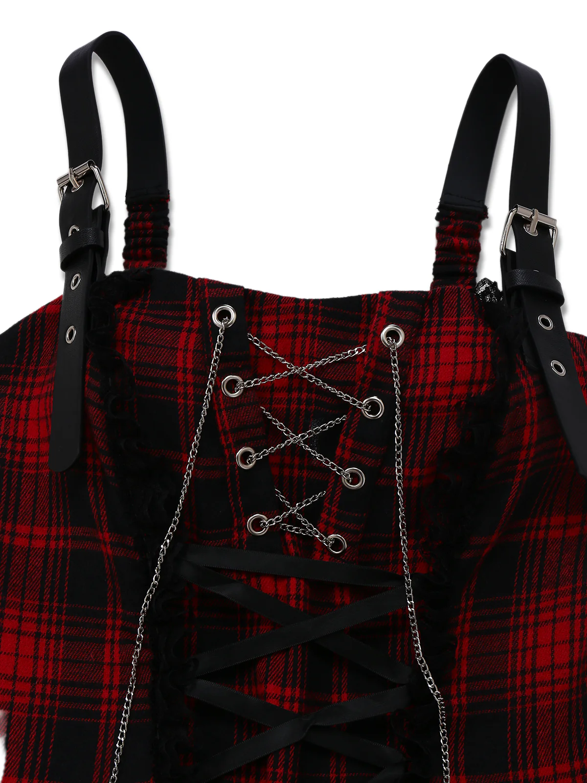 Red 1980s Gothic Lace Patchwork Plaid Dress - Image 3