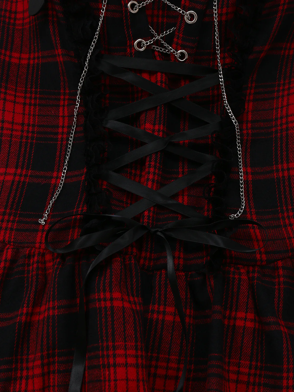 Red 1980s Gothic Lace Patchwork Plaid Dress - Image 4