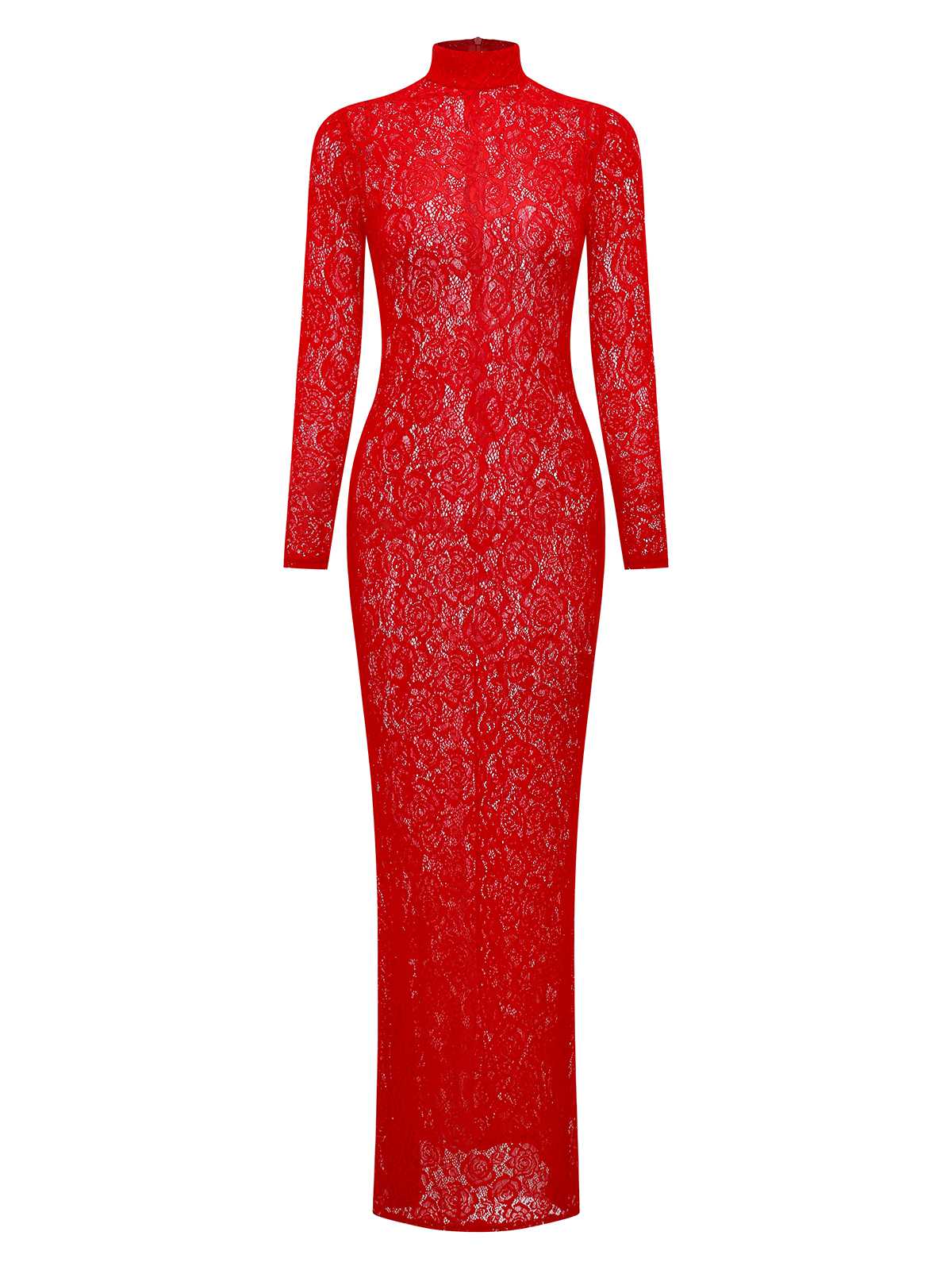 Red 1980s High Neck Sheer Lace Bodycon Maxi Dress - Image 2