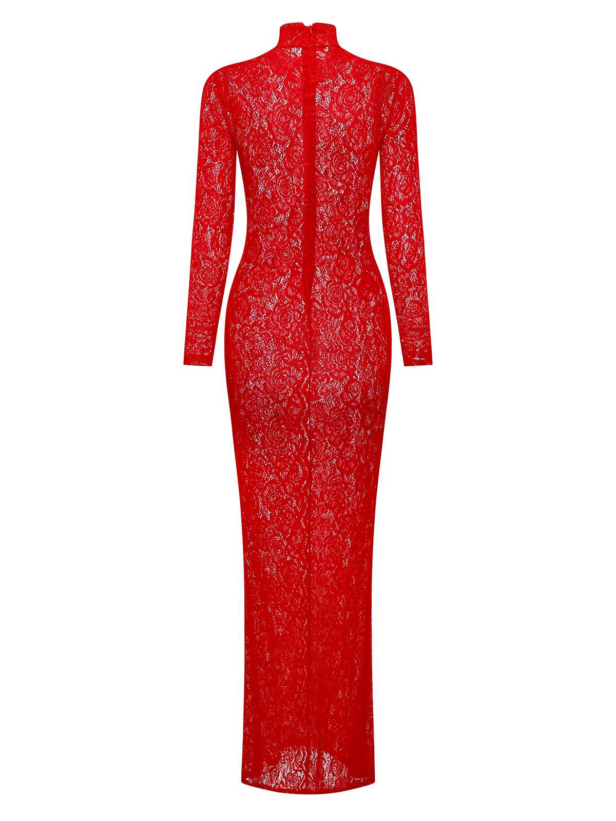 Red 1980s High Neck Sheer Lace Bodycon Maxi Dress - Image 3