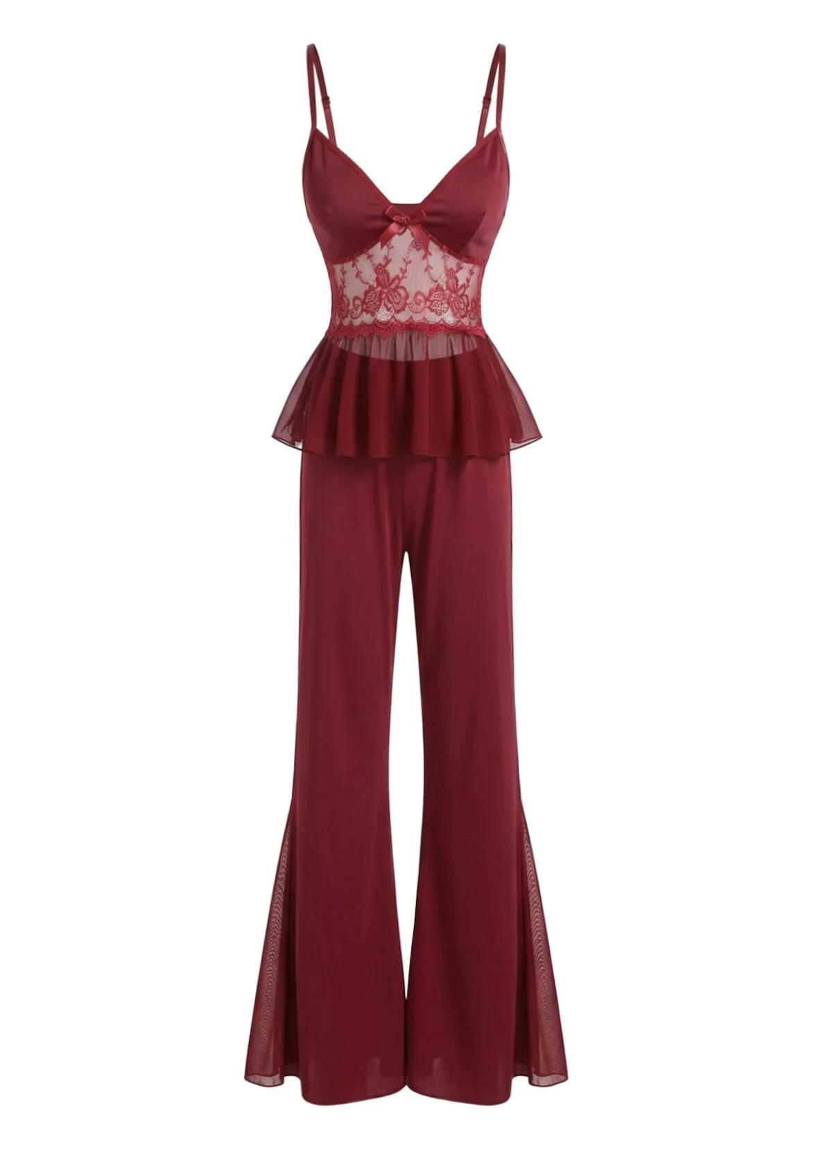 Red 1980s Lace Camisole and Flare Leg Pajama Set - Image 2