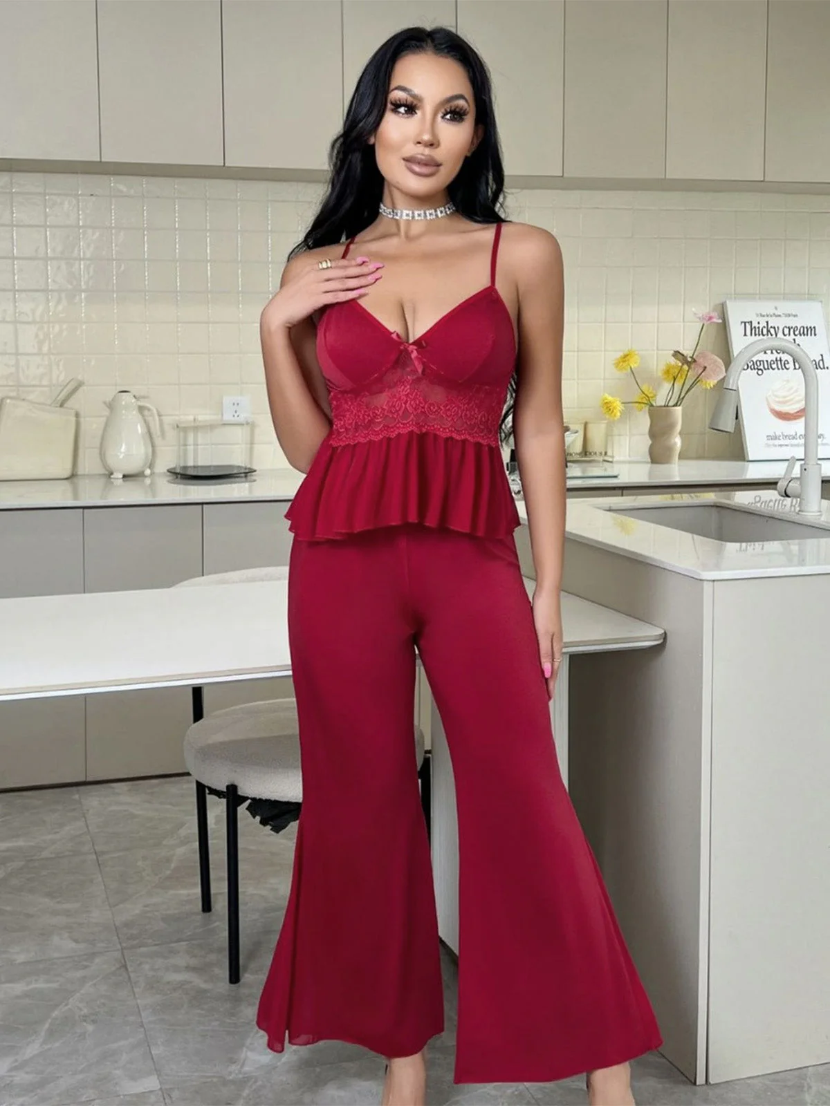 Red 1980s Lace Camisole and Flare Leg Pajama Set - Image 4
