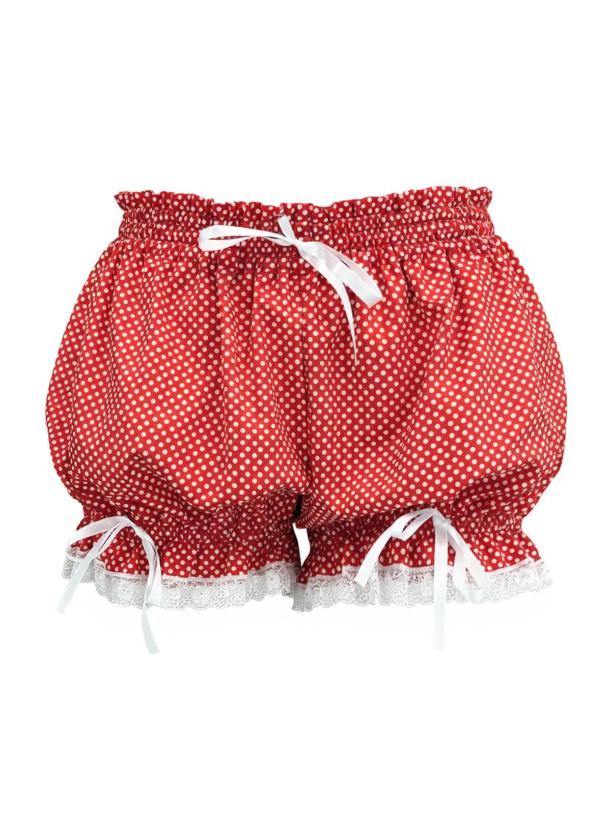 Red 1980s Polka Dot Bow Lace Trim Pumpkin Shorts - Image 2