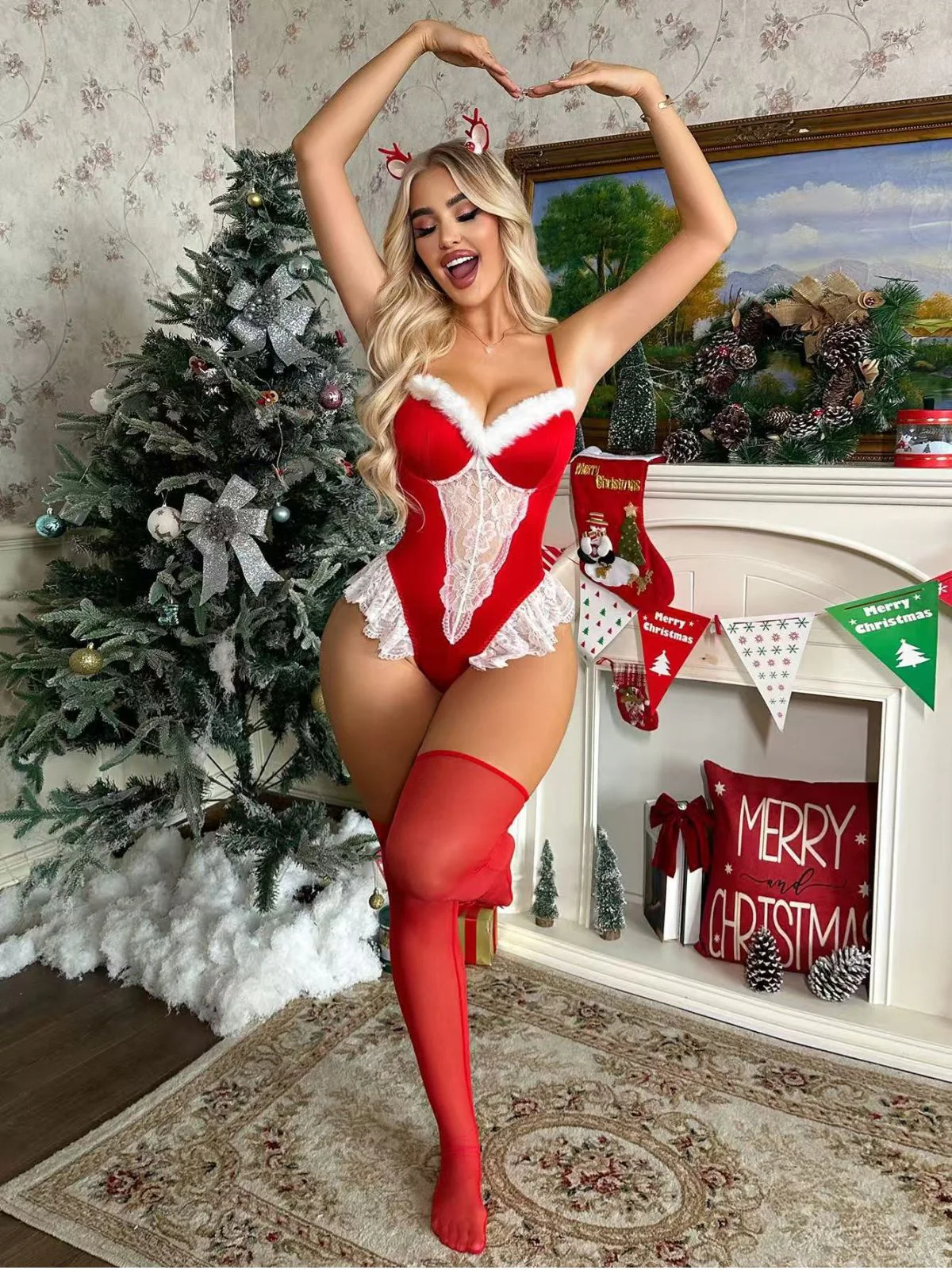 Red 1980s Reindeer Lace Christmas Lingerie Set - Image 10