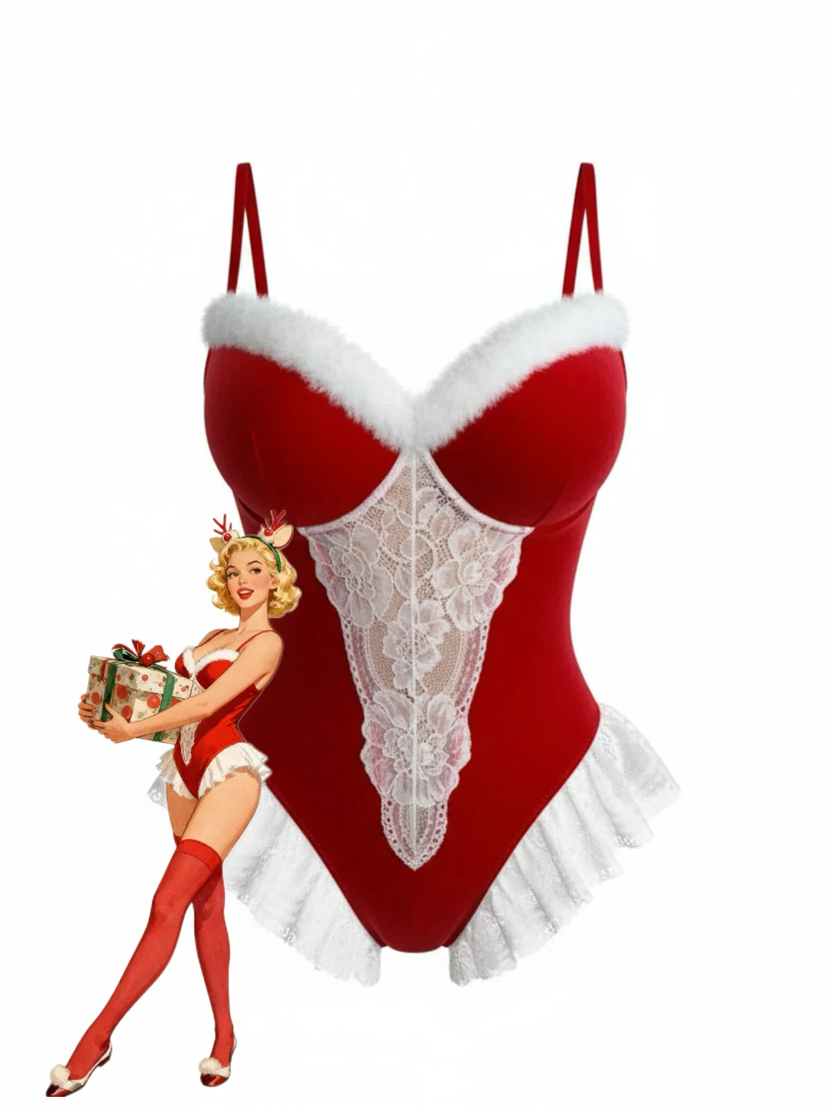Red 1980s Reindeer Lace Christmas Lingerie Set - Image 3