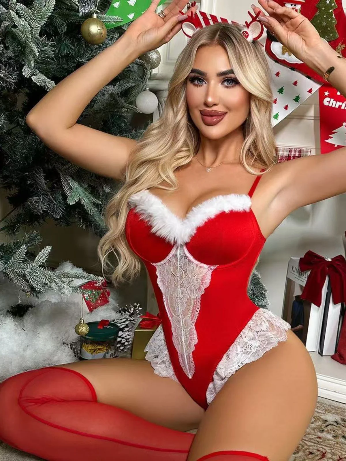 Red 1980s Reindeer Lace Christmas Lingerie Set - Image 7