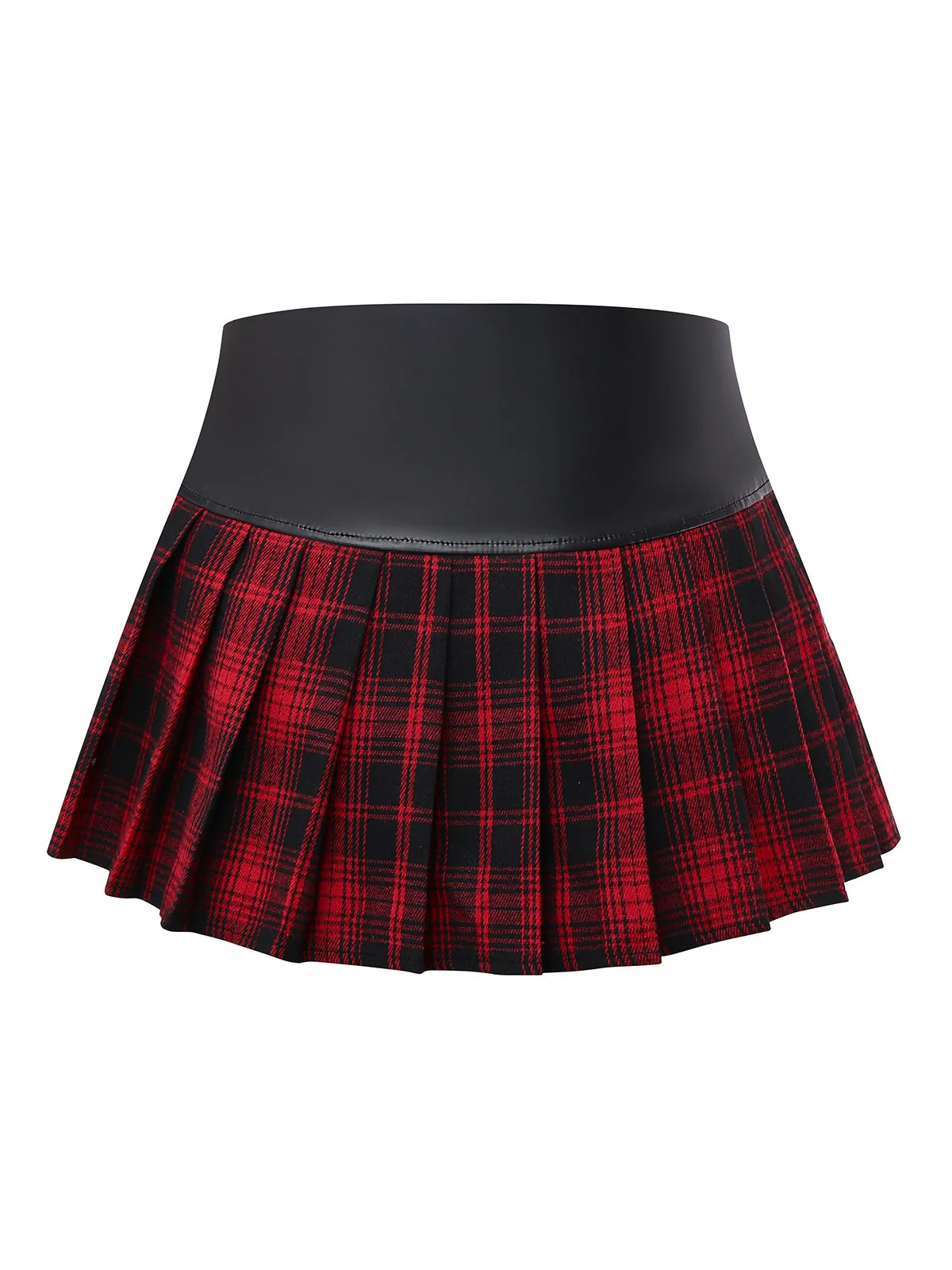 Red 1980s Steampunk Plaid Leather Pleated Skirt - Image 2
