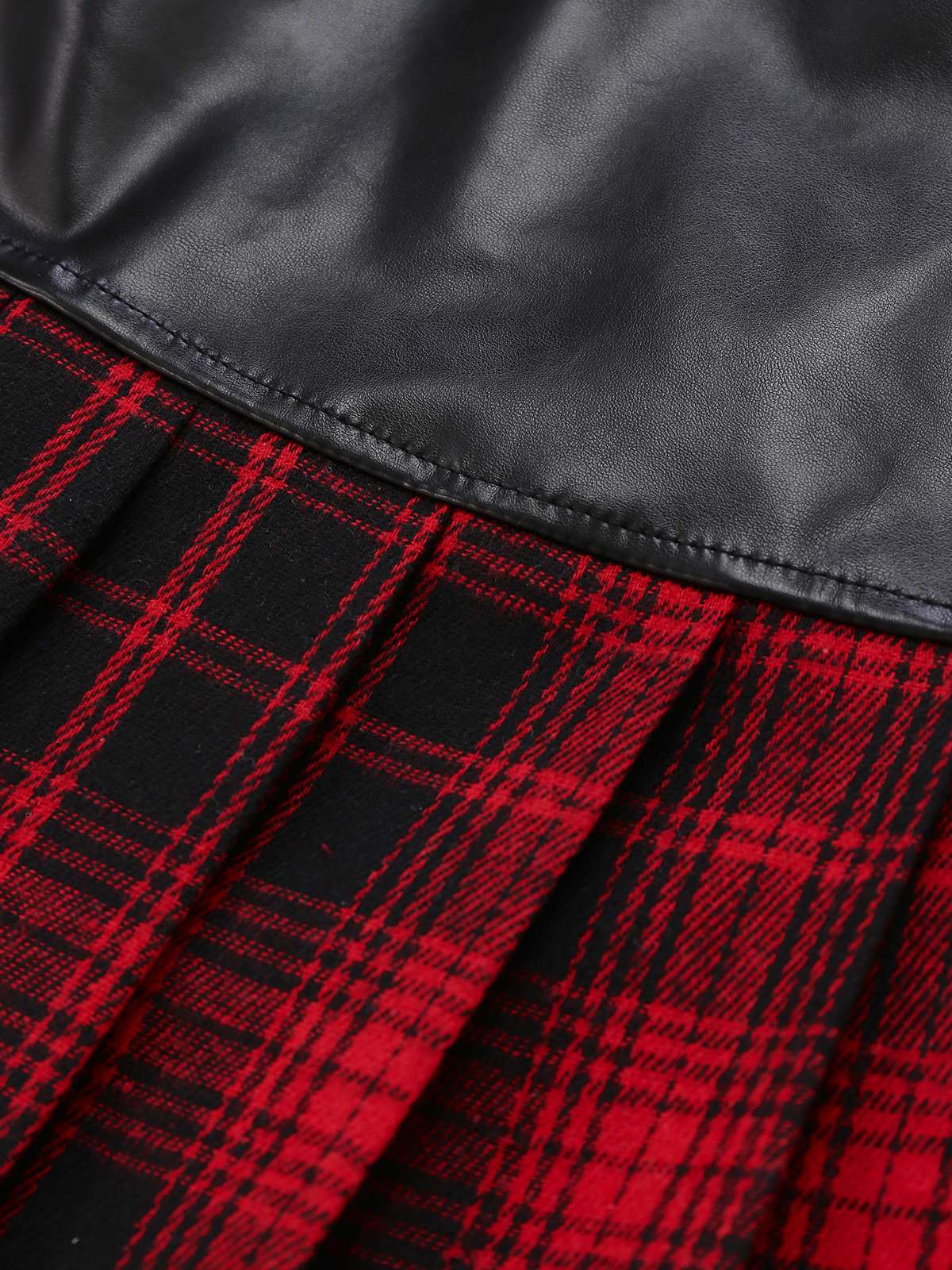 Red 1980s Steampunk Plaid Leather Pleated Skirt - Image 3