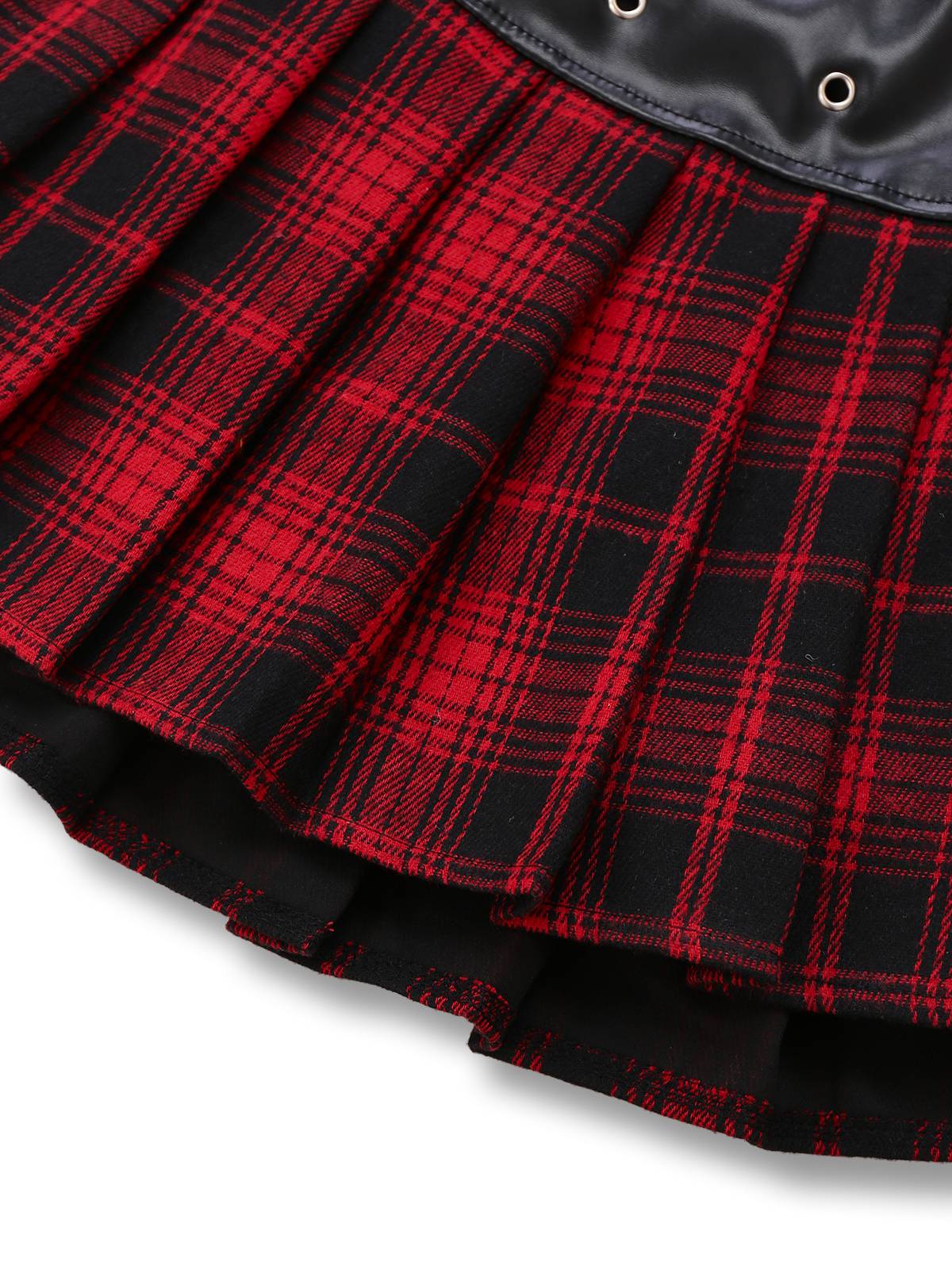 Red 1980s Steampunk Plaid Leather Pleated Skirt - Image 4