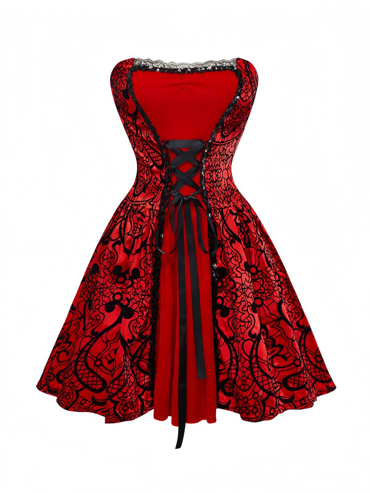 Red 1980s Velvet Lace Sequined Strapless Dress & Cape - Image 2