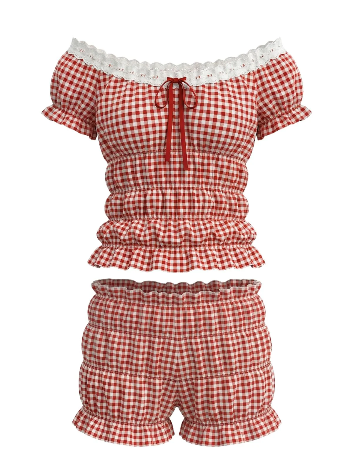 Red Y2K Gingham Off-Shoulder Smocked Top & Shorts Set - Image 2
