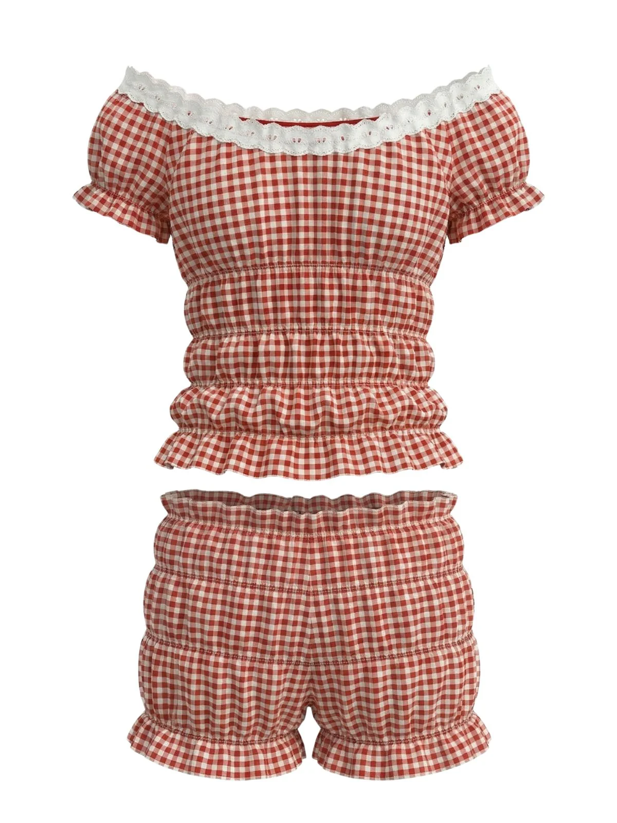 Red Y2K Gingham Off-Shoulder Smocked Top & Shorts Set - Image 3